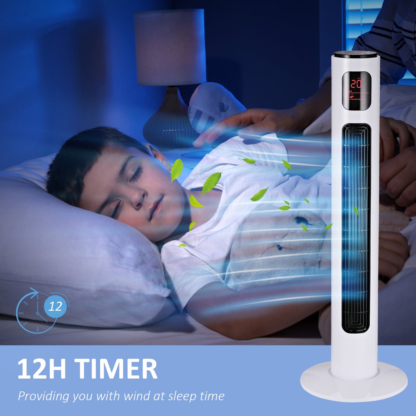 HOMCOM 38'' Freestanding Tower Fan, 3 Speed 3 Mode, 12h Timer, 70 Degree Oscillation, LED Panel, 5M Remote Controller, White