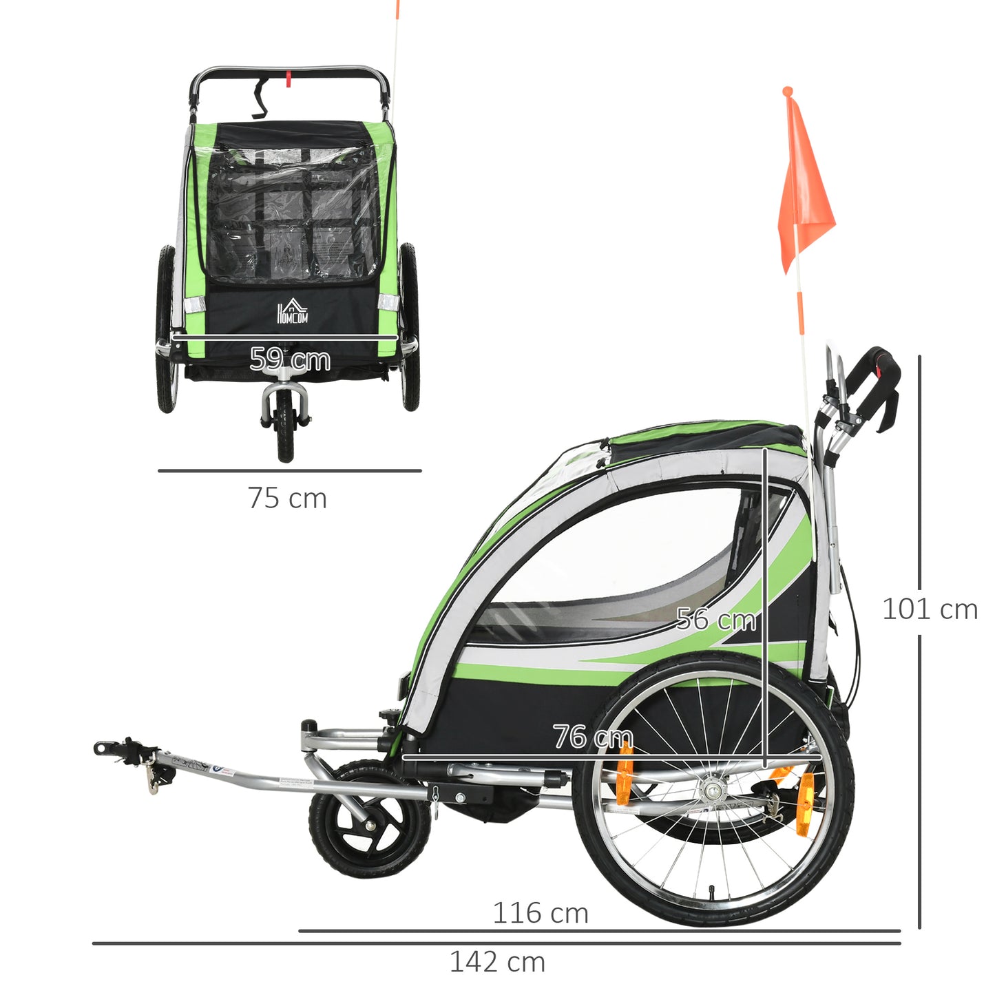 HOMCOM Child Bike Trailer 2 In 1 Baby Stroller 2-Seater Transport Carrier with Hitch Coupler, Brake, 5 Point Harness, Storage Bag, Reflector, Flag, Green