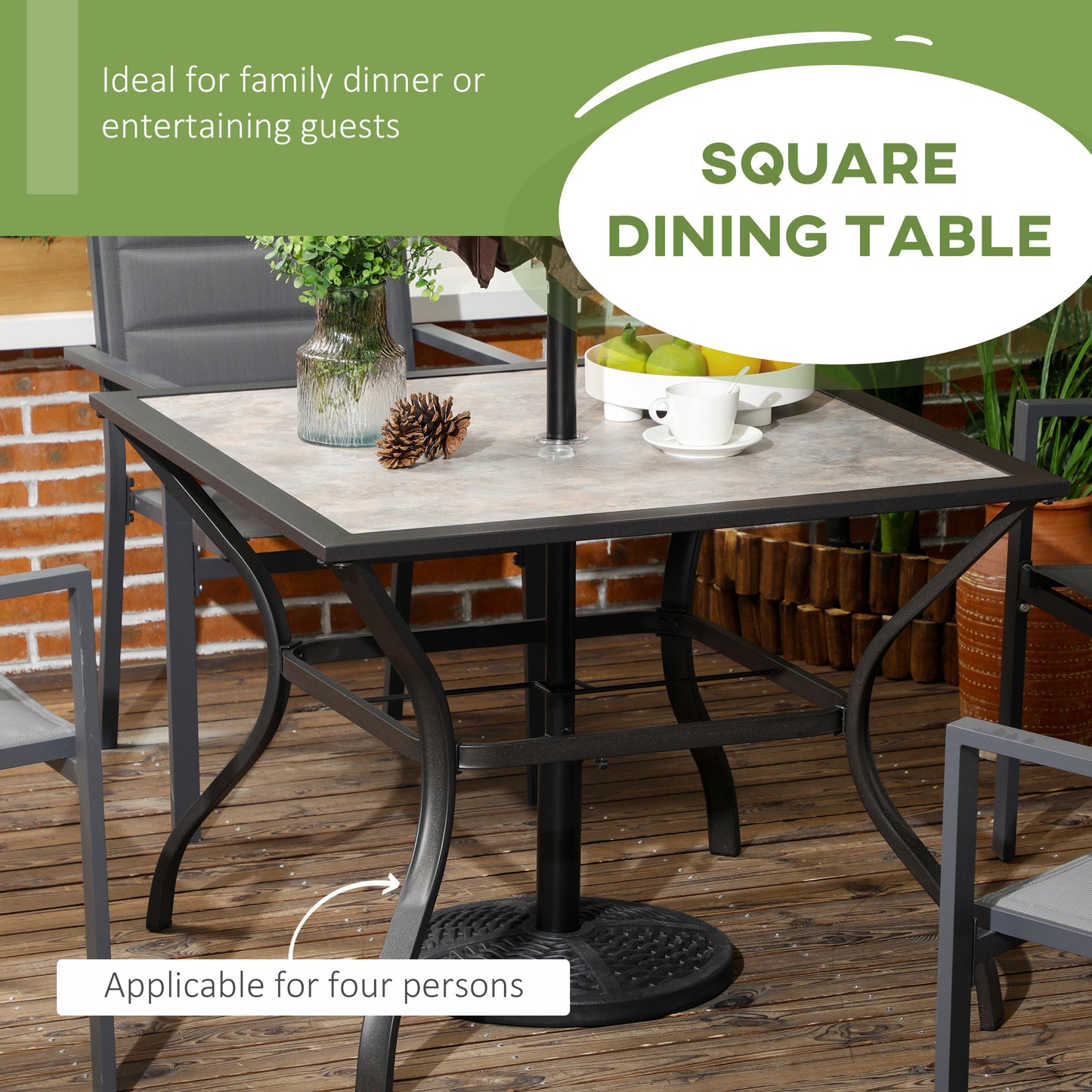 Outsunny Garden Table with Parasol Hole, Outdoor Dining Garden Table for 4, Square Patio Table with PC Board Tabletop for Patio, Backyard, Poolside, Grey