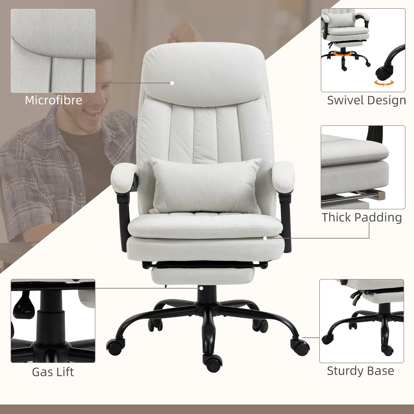 Vinsetto Office Chair Ergonomic Desk Chair with 6Point Vibration Massage and Lumbar Heating Computer Chair with Lumbar Support Pillow 155° Reclining Back and Footrest Cream White