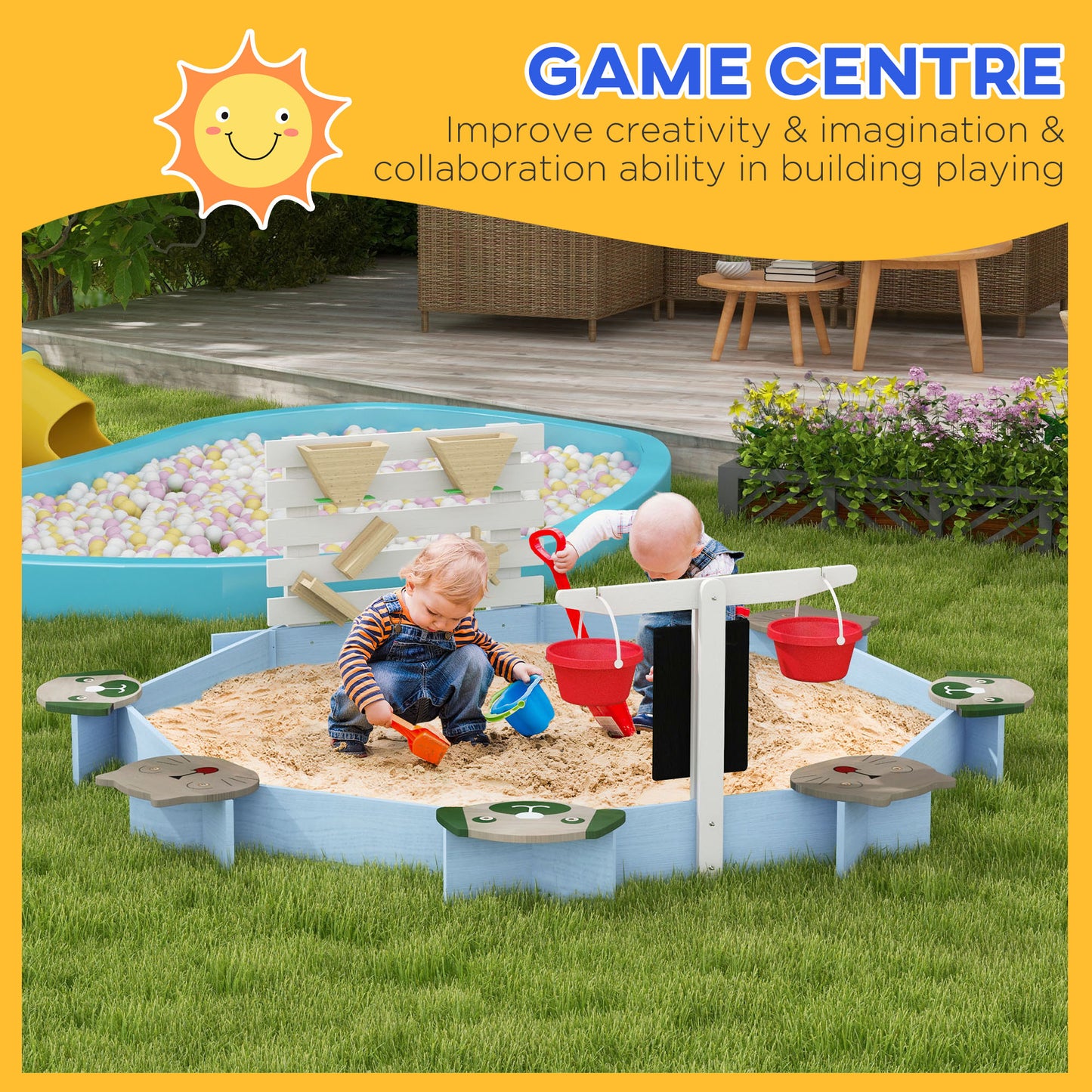 Outsunny Wooden Kids Sandbox with 6 Seats Blue