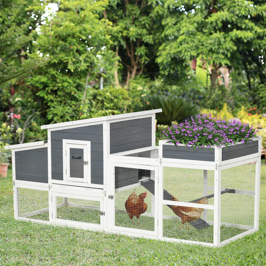 PawHut Deluxe Chicken Coop, Hen House, Wooden Poultry Cage with Plant Box, Openble Roof, Outdoor Run, Nesting Box, Removable Tray, 191.5 x 80 x 90cm