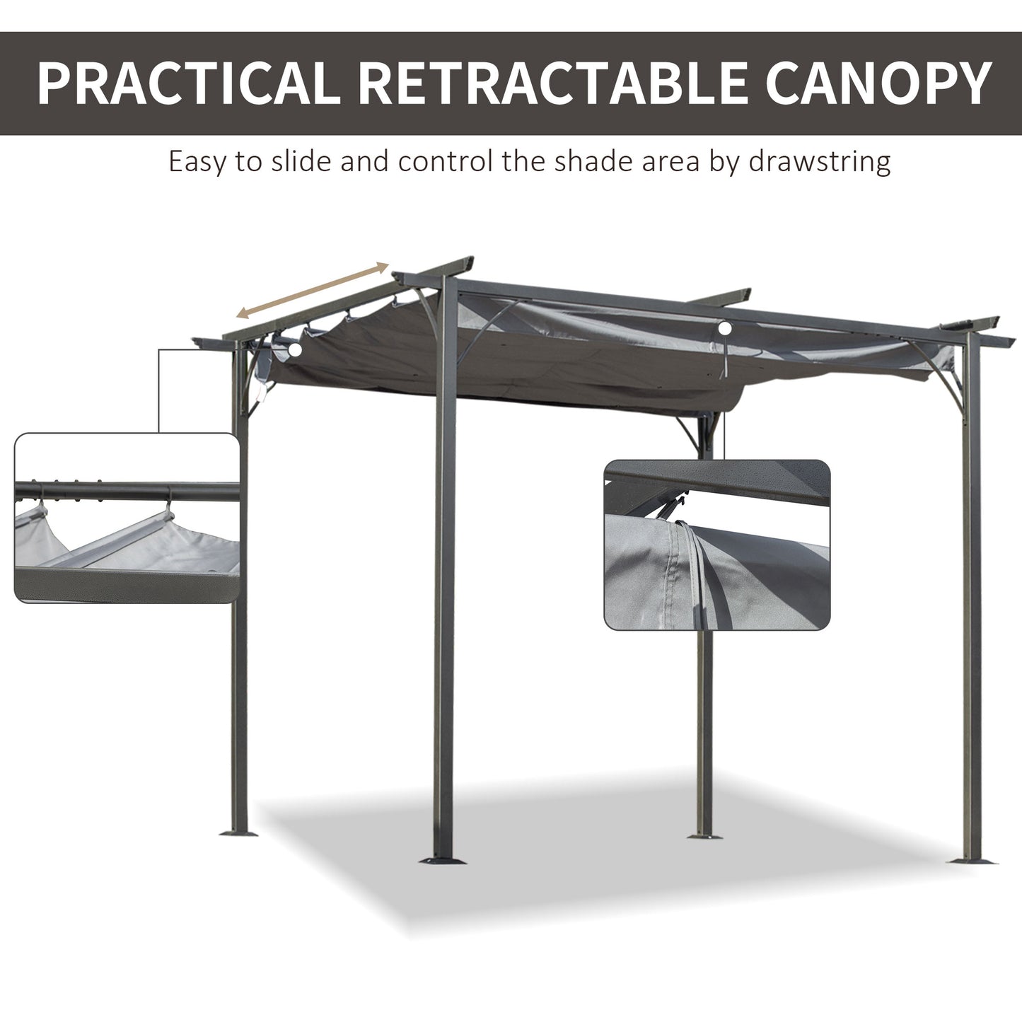 Outsunny 3x3 (m) Metal Pergola Gazebo Awning Retractable Canopy Outdoor Garden Sun Shade Shelter Marquee Party BBQ Grey