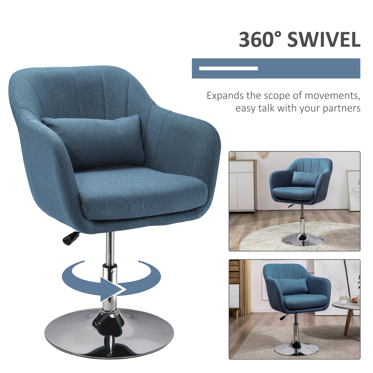 HOMCOM Swivel Accent Chair for Living Room Contemporary Vanity Armchair with Adjustable Height Thick Cushion Lumbar Support Armrest for Bedroom Office Blue