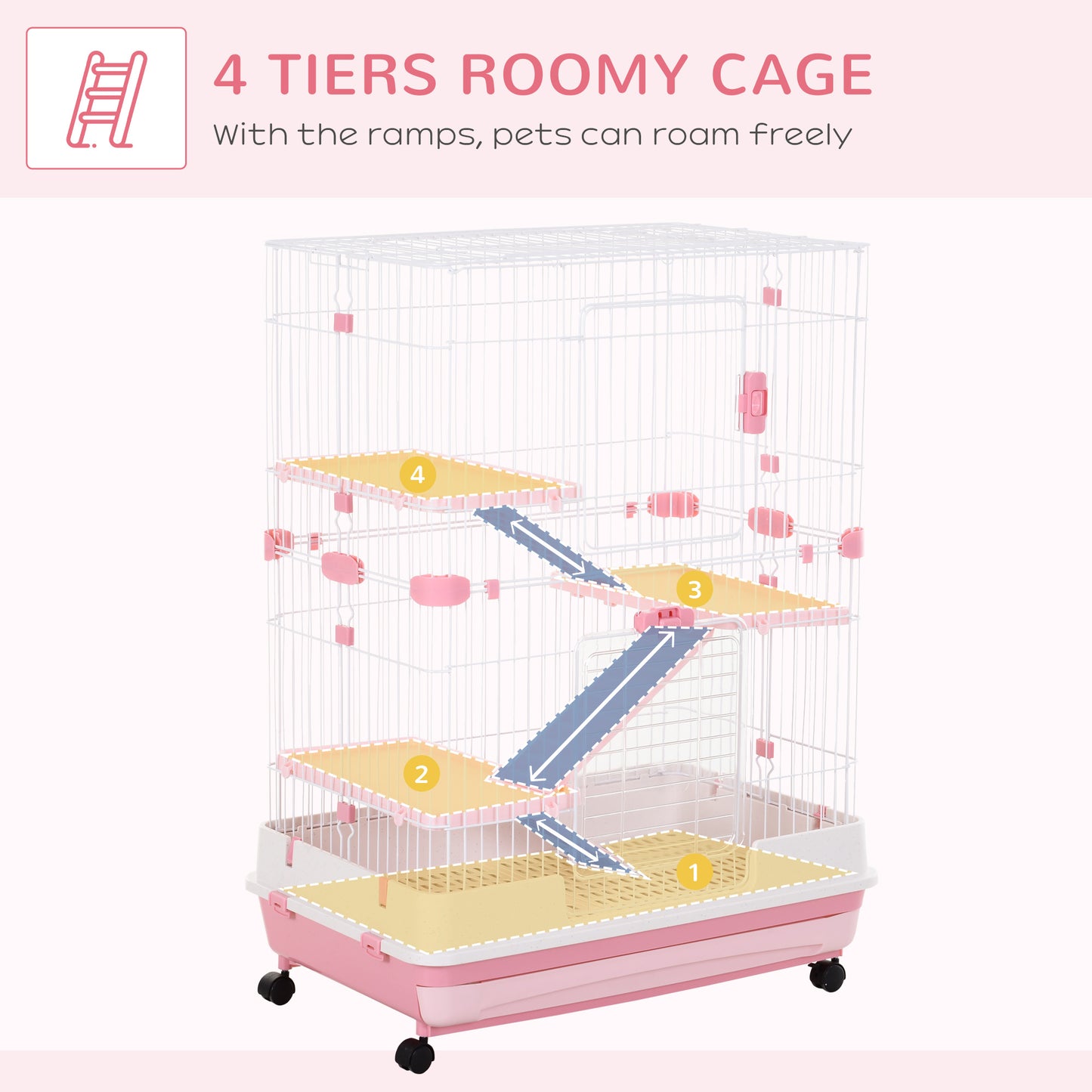 PawHut Four-Tier Small Animal Cage, for Bunnies, Ferrets, Chinchillas w/ Wheels, Tray, Pink