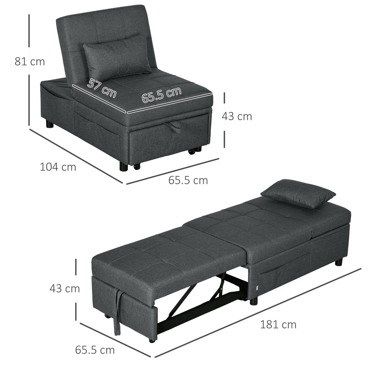 HOMCOM Convertible Chair Bed with Padding Seat 4in1 MultiFunctional Sleeper Chair Bed Recliner with Adjustable Backrest Side Pocket Wheels and Pillow for Living Room Grey