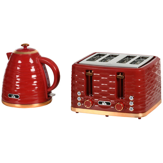 HOMCOM 3000W 1.7L Rapid Boil Kettle & 4 Slice Toaster Kettle and Toaster Set with 7 Browning Controls and Crumb Tray Red
