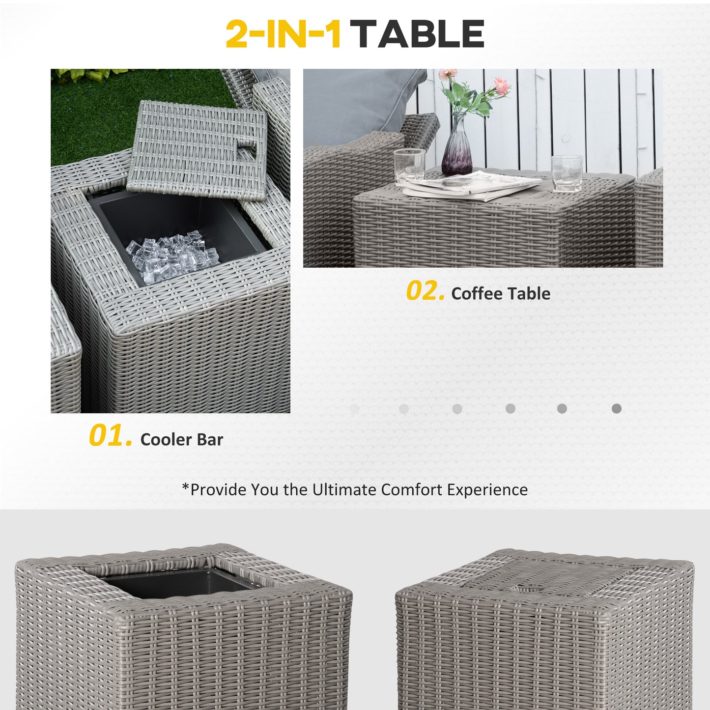 Outsunny 5 PCs Outdoor Rattan Lounge Footstool Cooler Bar Coffee Table Conversation Set