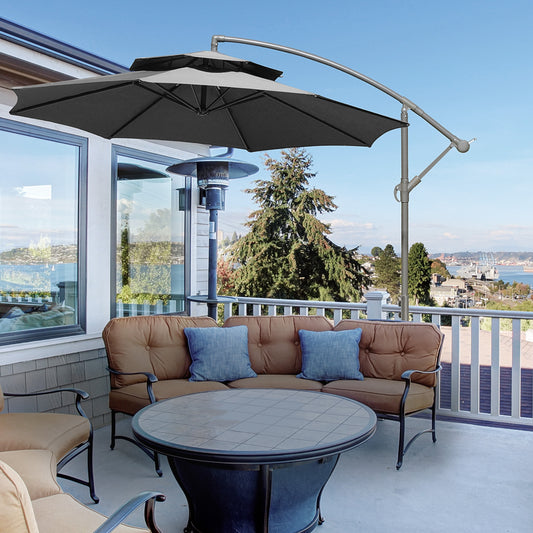 Outsunny 2.7m Garden Banana Parasol Cantilever Umbrella with Crank Handle, Double Tier Canopy and Cross Base for Outdoor, Hanging Sun Shade, Dark Grey w/ Canopy, Crank,