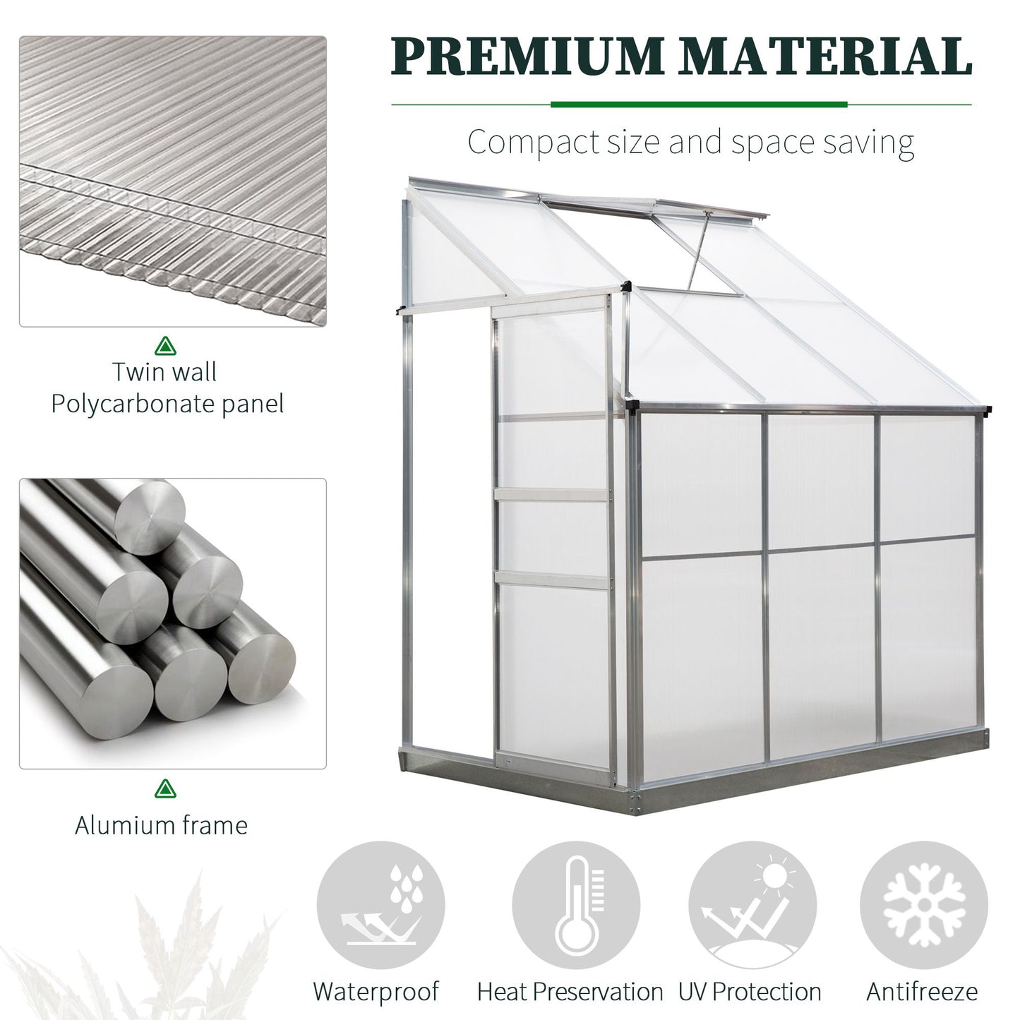 Outsunny Walk-In Garden Greenhouse Heavy Duty Aluminum Polycarbonate with Roof Vent Lean to Design for Plants Herbs Vegetables 192 x 125 x 221 cm Frame w/