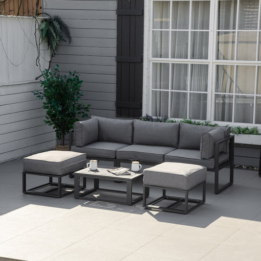 Outsunny Garden Daybed, 6 Piece Outdoor Sectional Sofa Set, Aluminum Patio Conversation Furniture Set with Coffee Table, Footstool and Cushions, Grey PC Daybed w/ Table