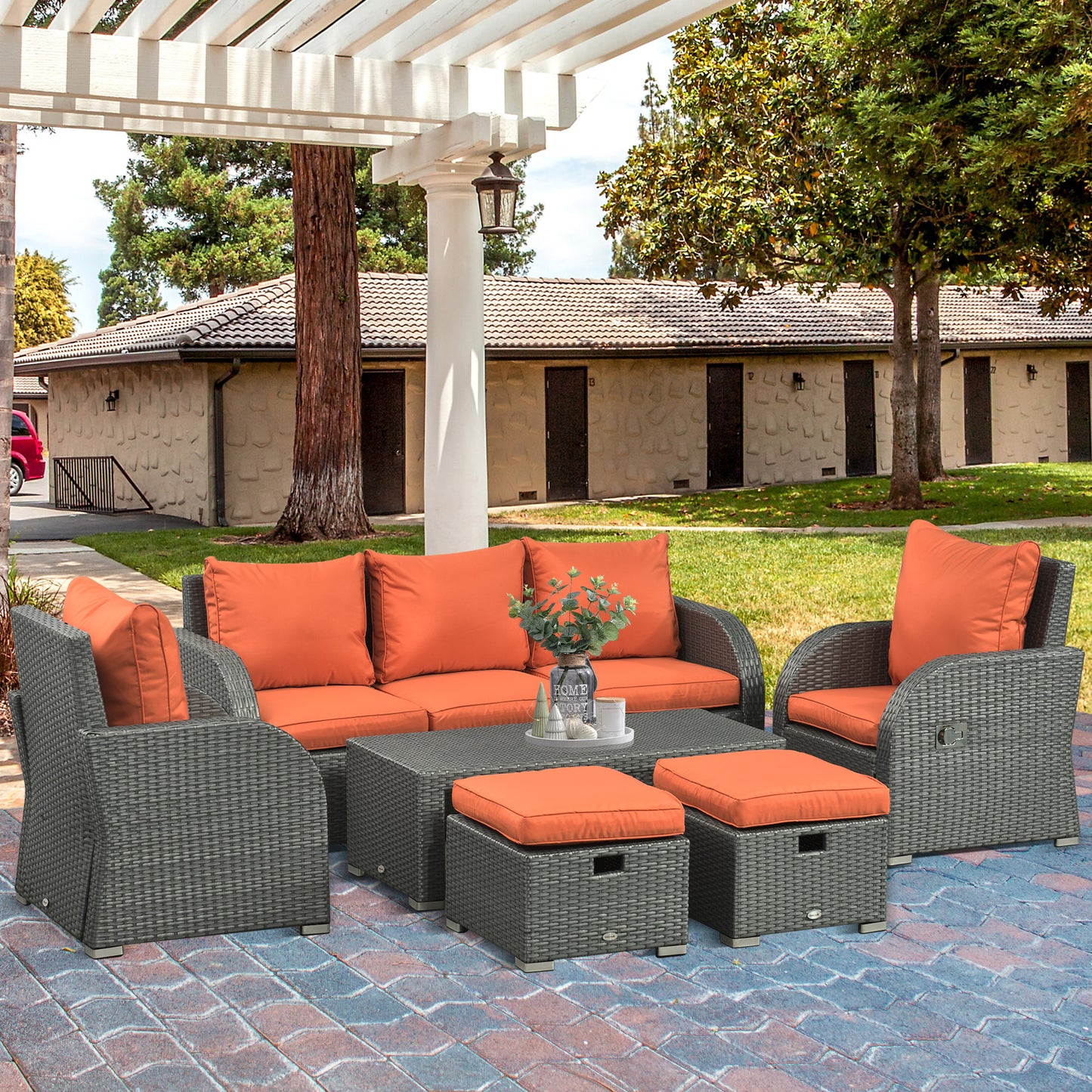 Outsunny 6pc Outdoor Rattan Wicker Furniture Set with 3-Seat Sofa, 2 Single Sofas, 2 Footstools and Coffee Table