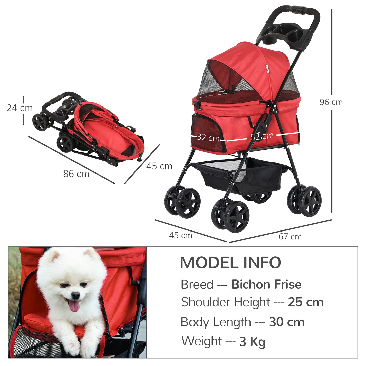 PawHut No-Zip Pet Stroller Dog Cat Travel Pushchair One-Click Fold Trolley Jogger with EVA Wheels Brake Basket Adjustable Canopy Safety Leash Red Foldable Carriage