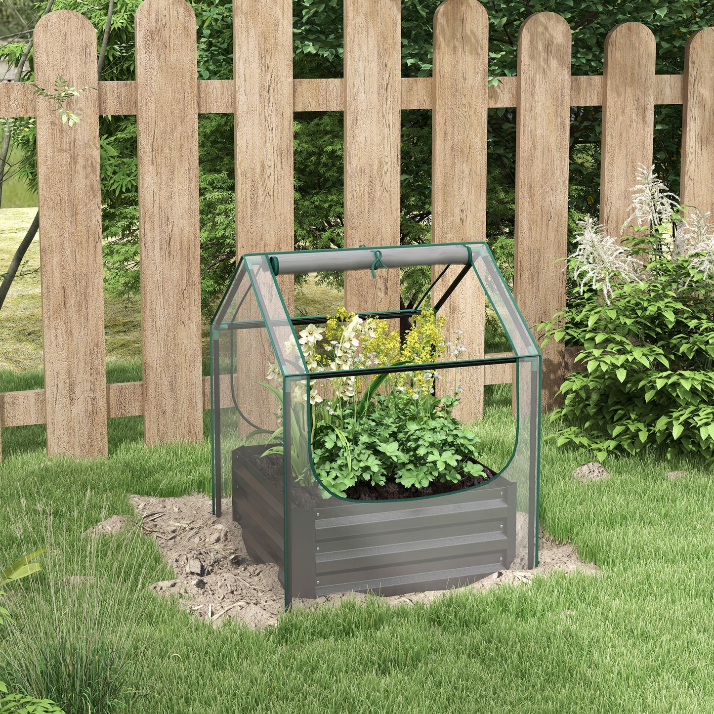 Outsunny Metal Planter Box with Cover Raised Garden Bed with Greenhouse for Herbs and Vegetables Clear and Dark Grey