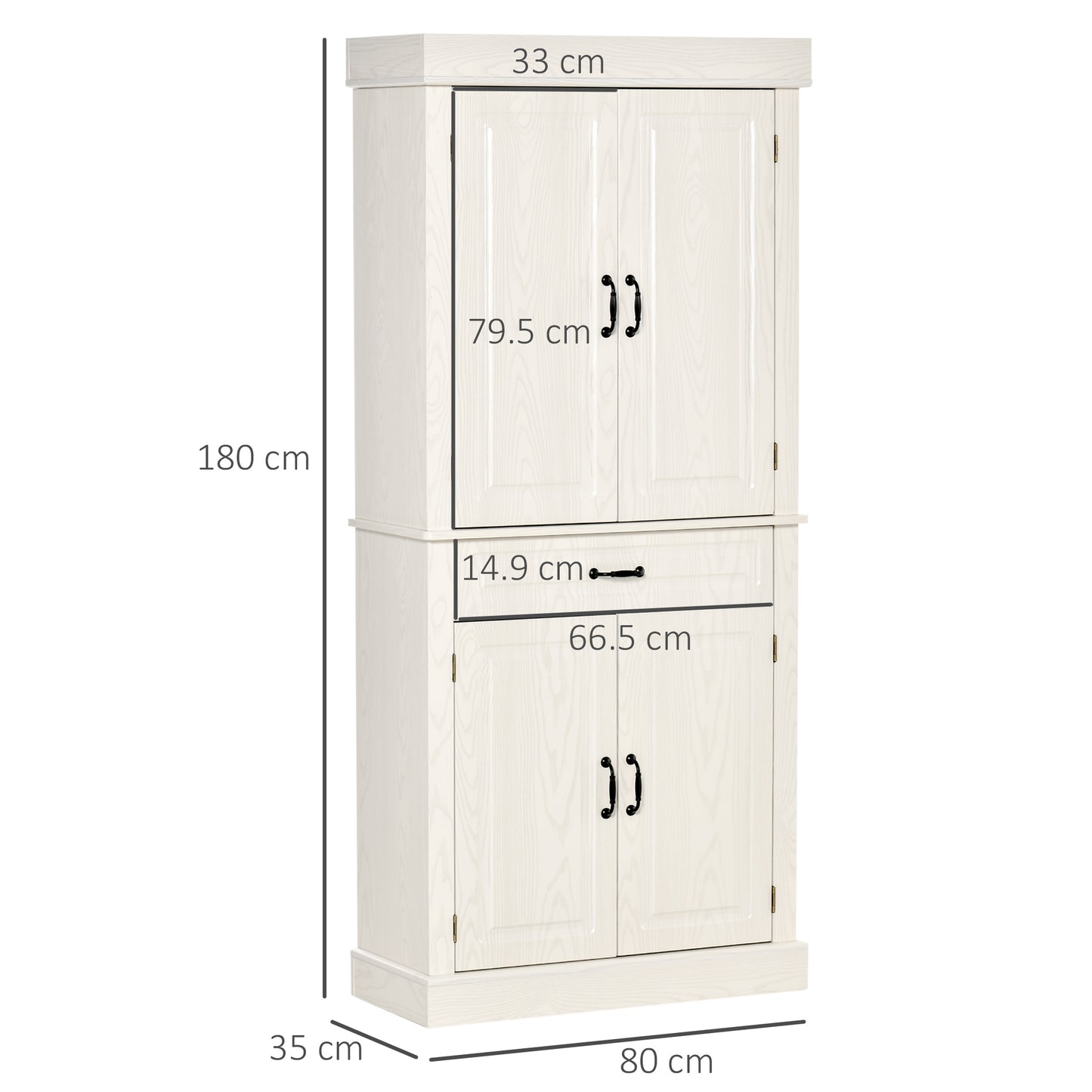 HOMCOM Kitchen Cupboard with 4 Doors, Freestanding Storage Cabinet with Wide Drawer and Shelves for Living Room, 180cm, White Wood Grain