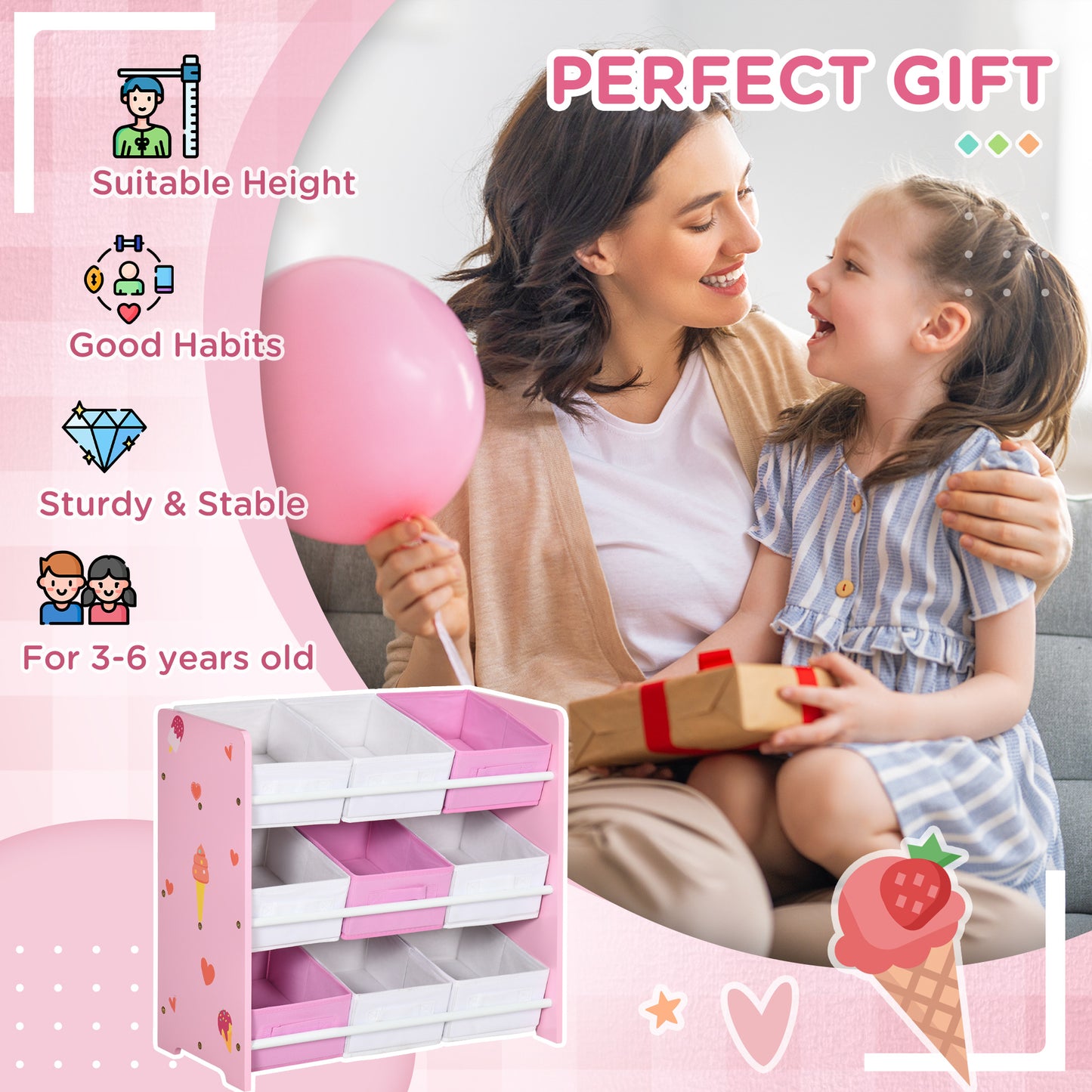 ZONEKIZ Kids Storage Unit with 9 Removable Storage Baskets, Toy Box Organiser with Shelf, Book Shelf for Nursery Playroom, Pink