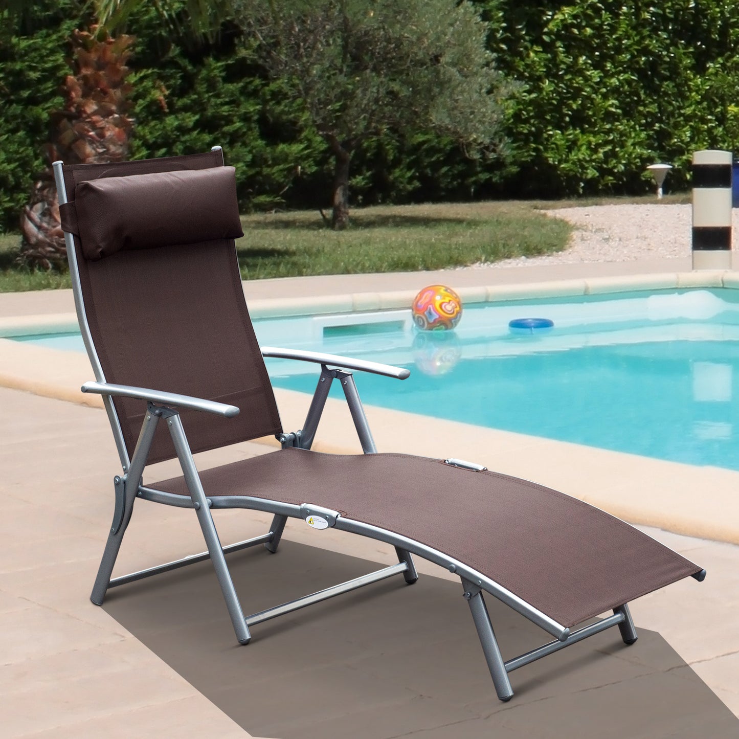 Outsunny Sun Lounger Steel Frame Outdoor Folding Chaise Texteline Lounge Chair Recliner with Headrest & 7 Levels Adjustable Backrest, Brown