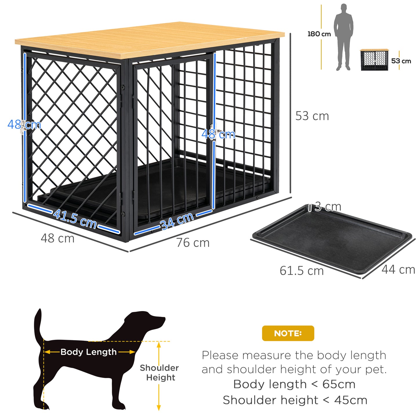 PawHut  Steel Dog Crate Small Medium Dog Kennel Two Doors Tray Wooden Top Pet Cage 76L x 48W x 53H cm, Black