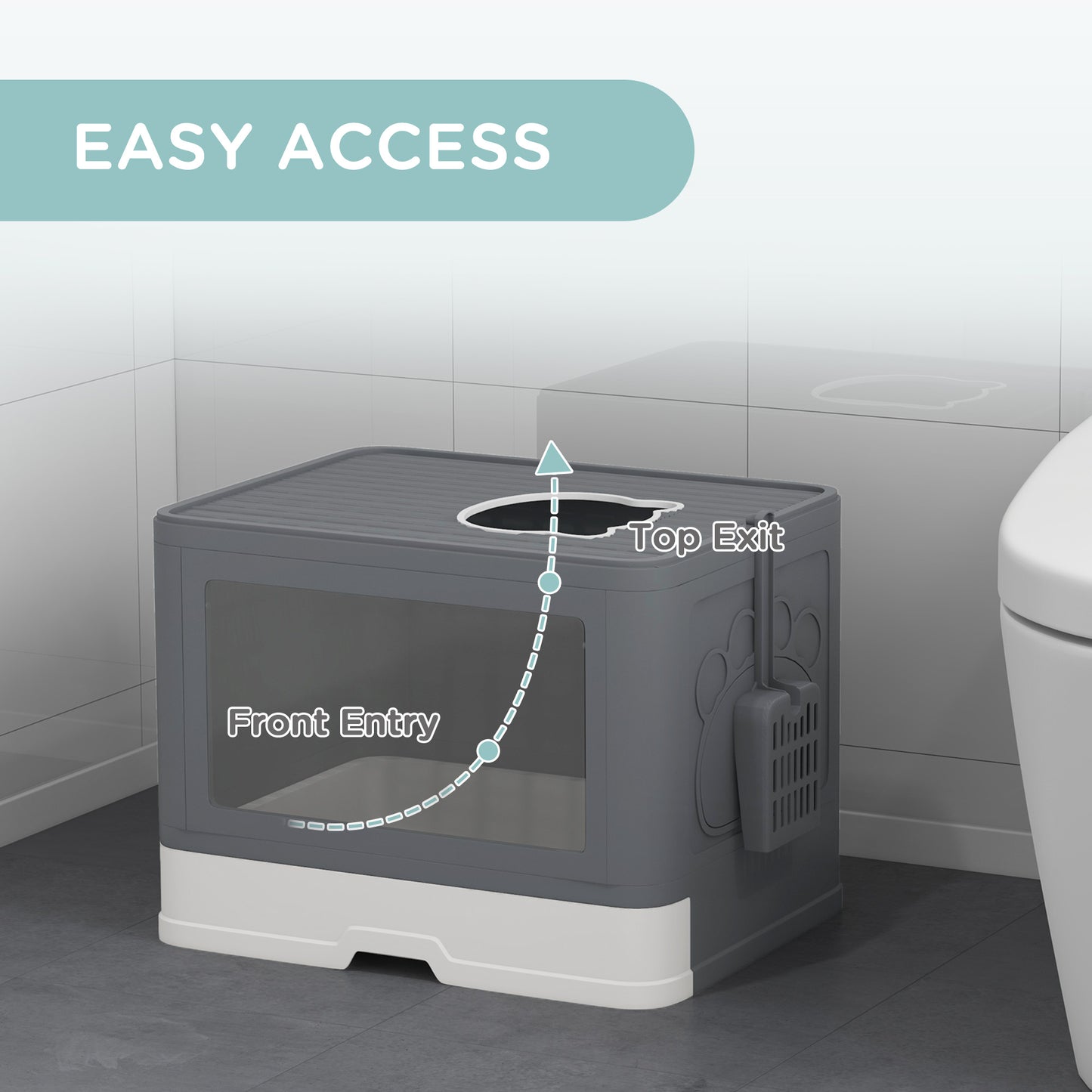 PawHut Cat Litter Box Enclosed with Lid Front Entry Top Exit Drawer Tray Scoop Brush 48.5 x 38 x 36.5cm Grey