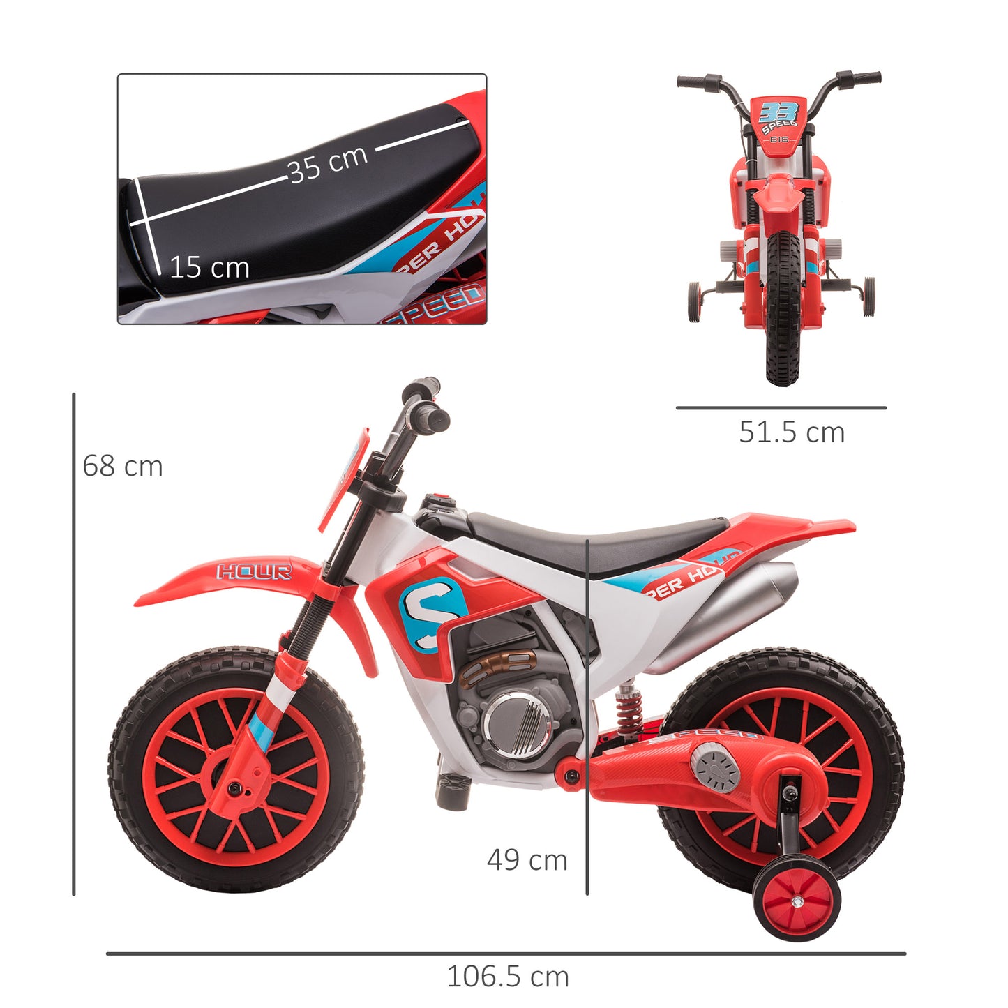 HOMCOM 12V Kids Electric Motorcycle Ride-On, with Training Wheels, for Ages 3-6 Years - Red