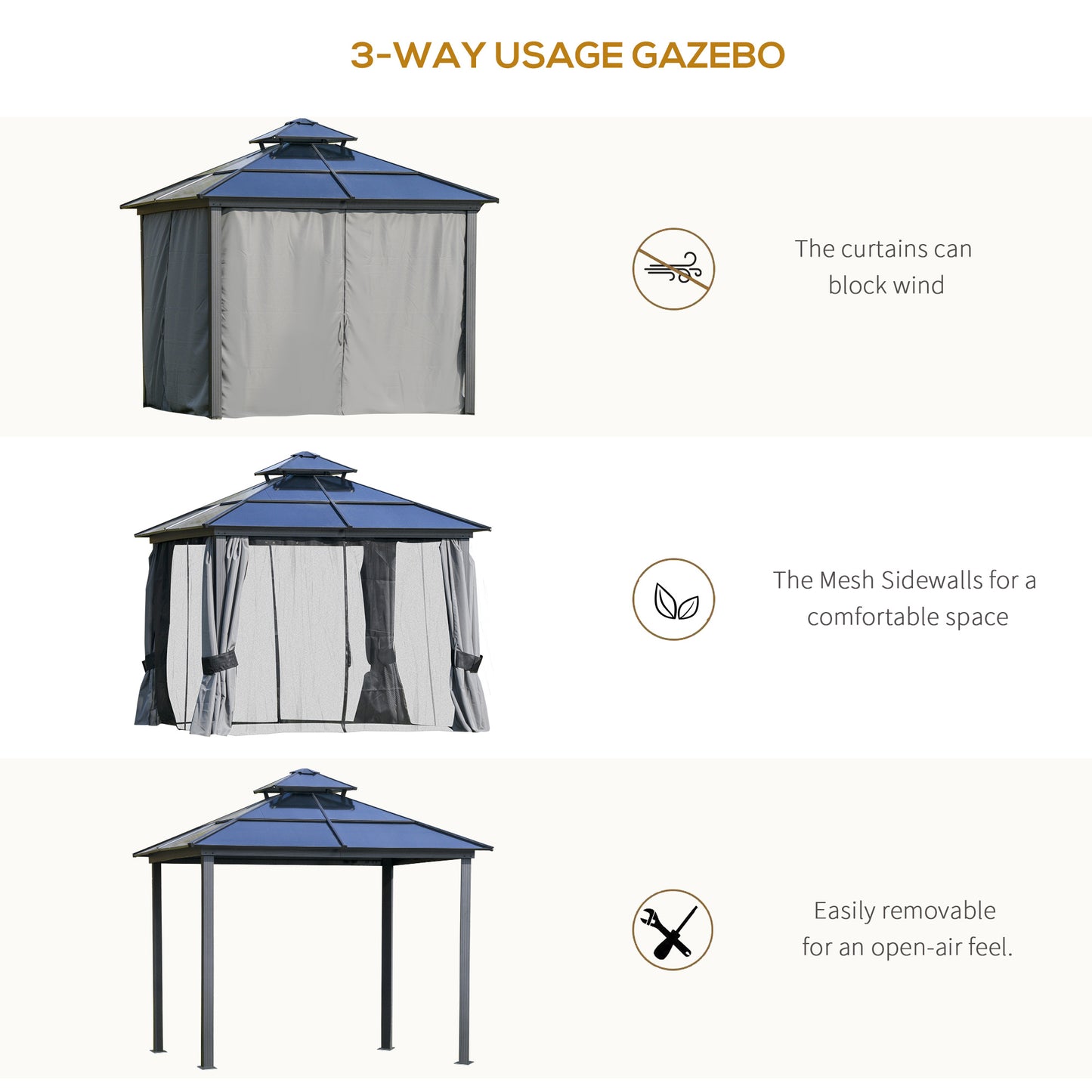 Outsunny 3 x 3(m) Polycarbonate Hardtop Patio Gazebo Canopy Outdoor Pavilion with Double-Tier Roof, Stable Steel Frame, Curtains & Net Sidewalls