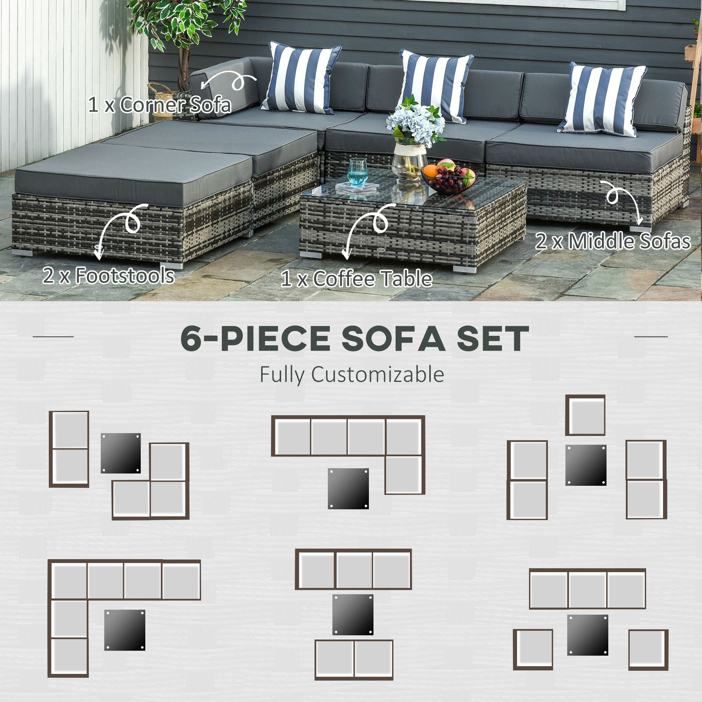 Outsunny 6 PCs Garden Rattan Furniture Set Sectional Wicker Sofa Coffee Table Footstool