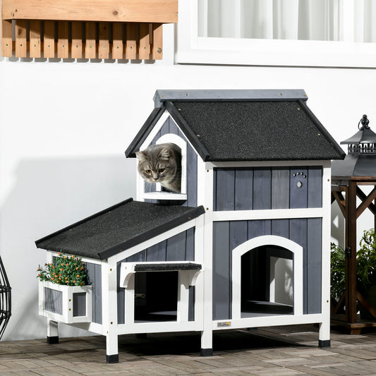 PawHut Wooden Outdoor Cat House with Flower Pot, Windows, Multiple Entrances, Water-Resistant Roof - Grey