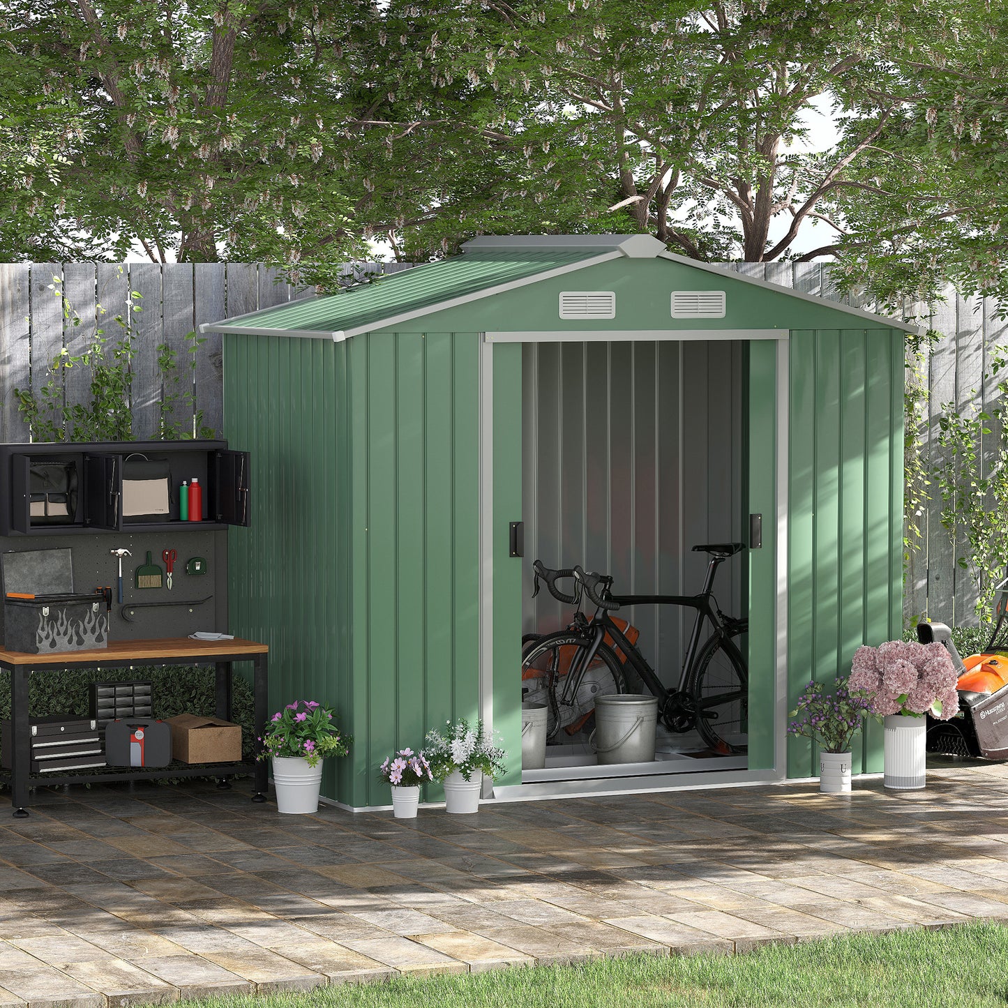 Outsunny 7 x 4ft Garden Metal Storage Shed Outdoor Storage Hose with Ventilation Slots Floor Foundation and Lockable Double Doors Light Green