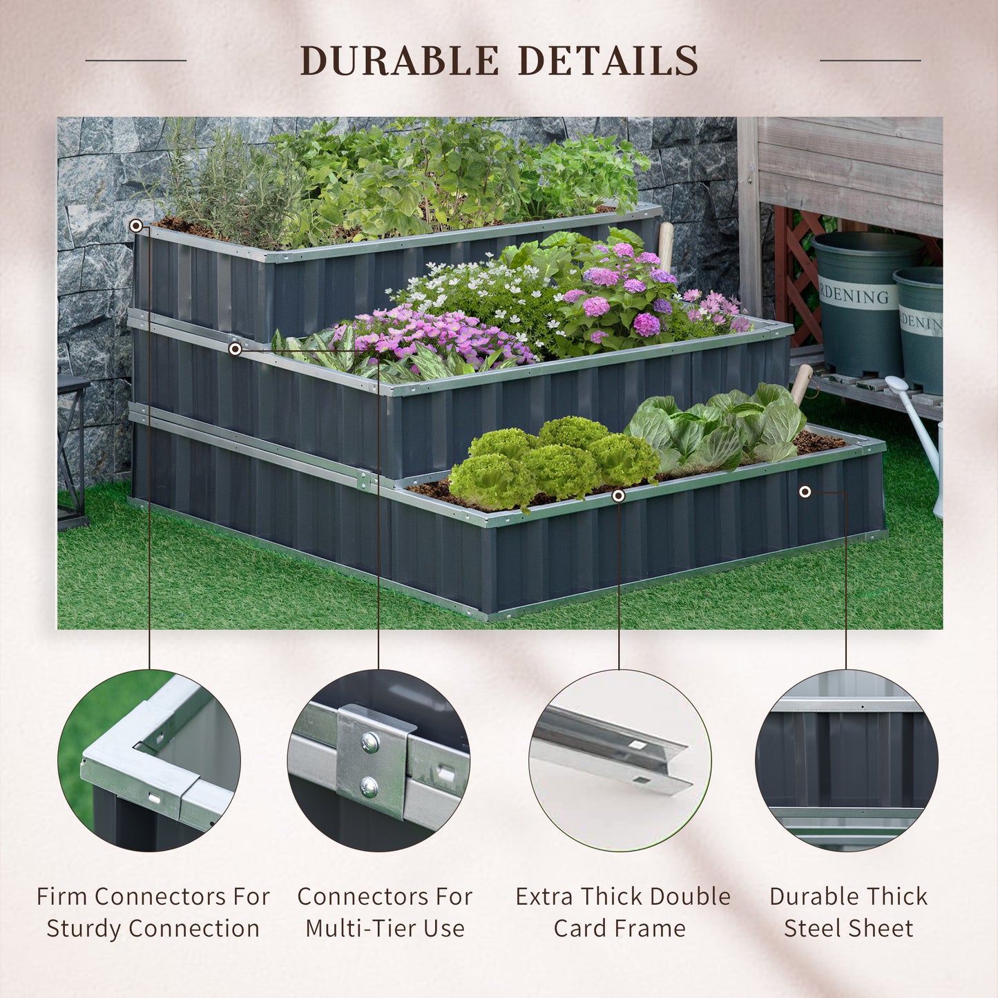 Outsunny 3 Tier Raised Garden Bed, Metal Elevated Planer Box Kit w/ A Pairs of Glove for Backyard, Patio to Grow Vegetables, Herbs, and Flowers, Grey Box,