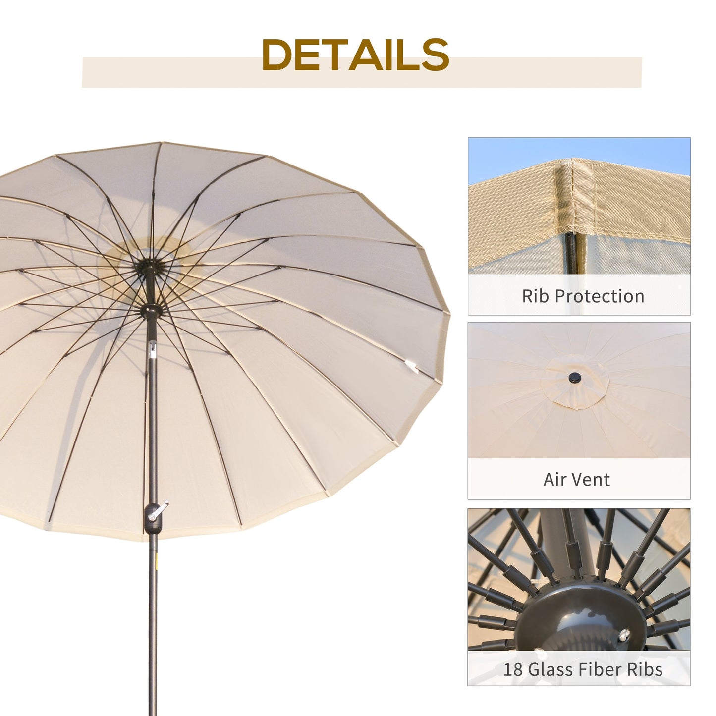 Outsunny Ф255cm Patio Parasol Umbrella Outdoor Market Table Parasol with Push Button Tilt Crank and 18 Sturdy Ribs for Garden Lawn Backyard Pool Crema White Adjustable Angle Detachable Structure