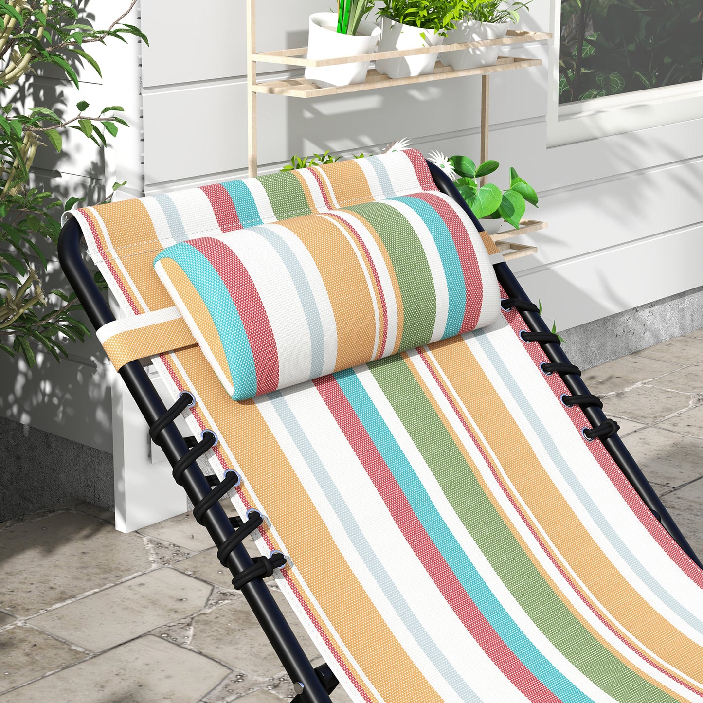 Outsunny 2 Pcs Folding Sun Lounger Beach Chaise Chair Garden Cot Camping Recliner with 4 Position Adjustable Multicolored