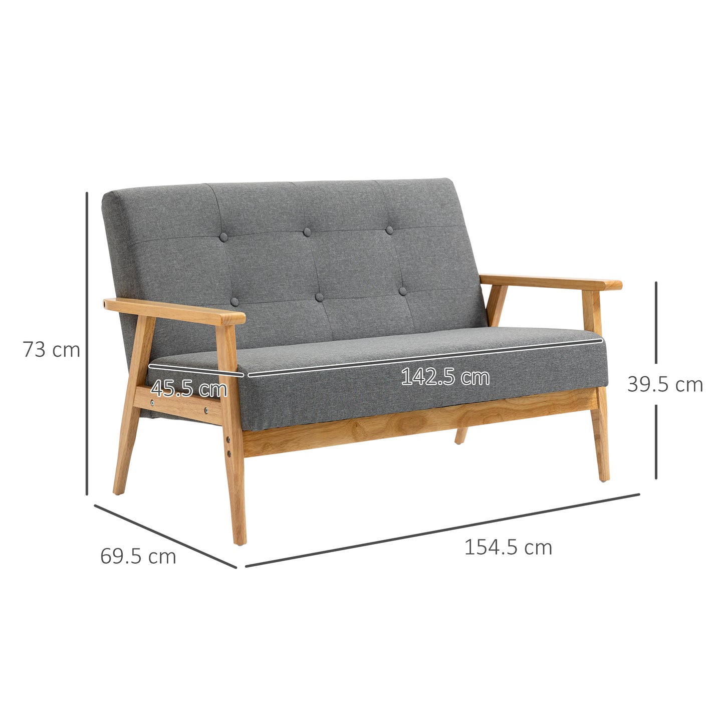 HOMCOM Modern 2-Seat Sofa Linen Fabric Upholstery Tufted Couch with Rubberwood Legs Dark Grey