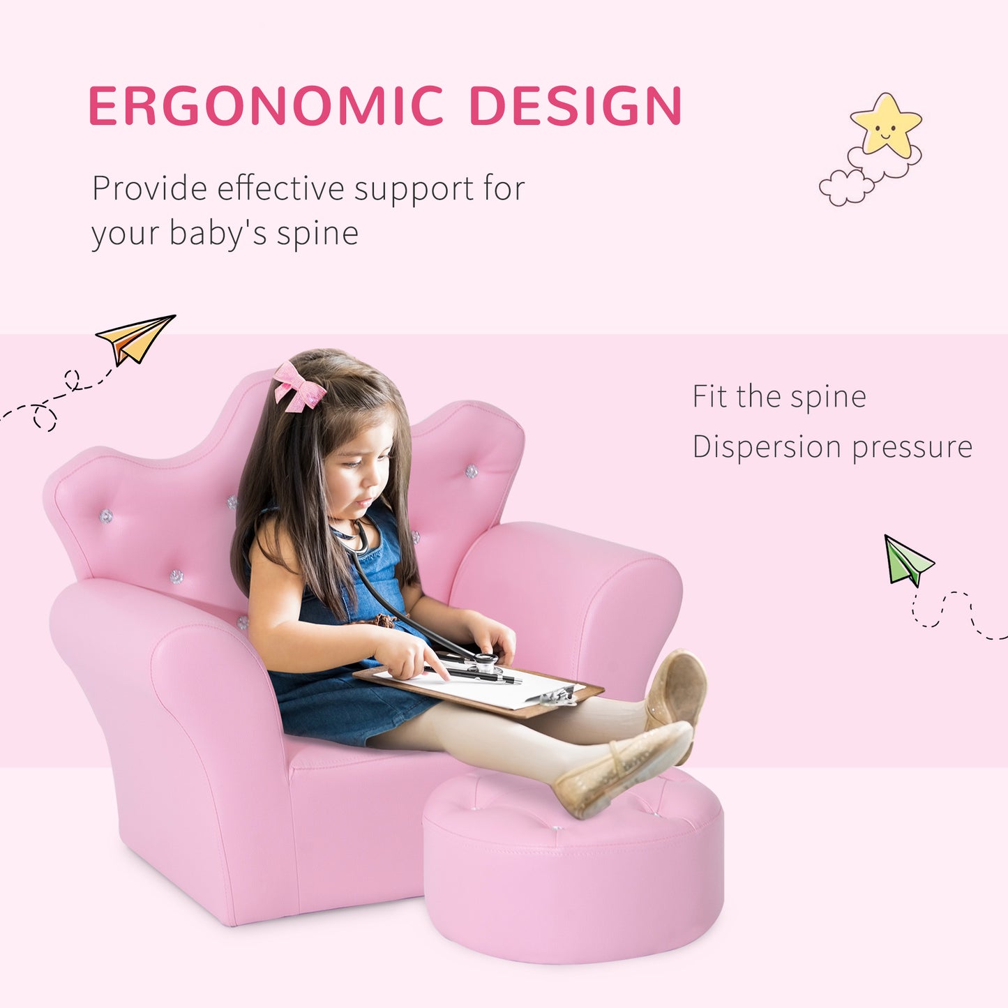 HOMCOM Children Kids Sofa Set Armchair Chair Seat with Free Footstool PU Leather Pink