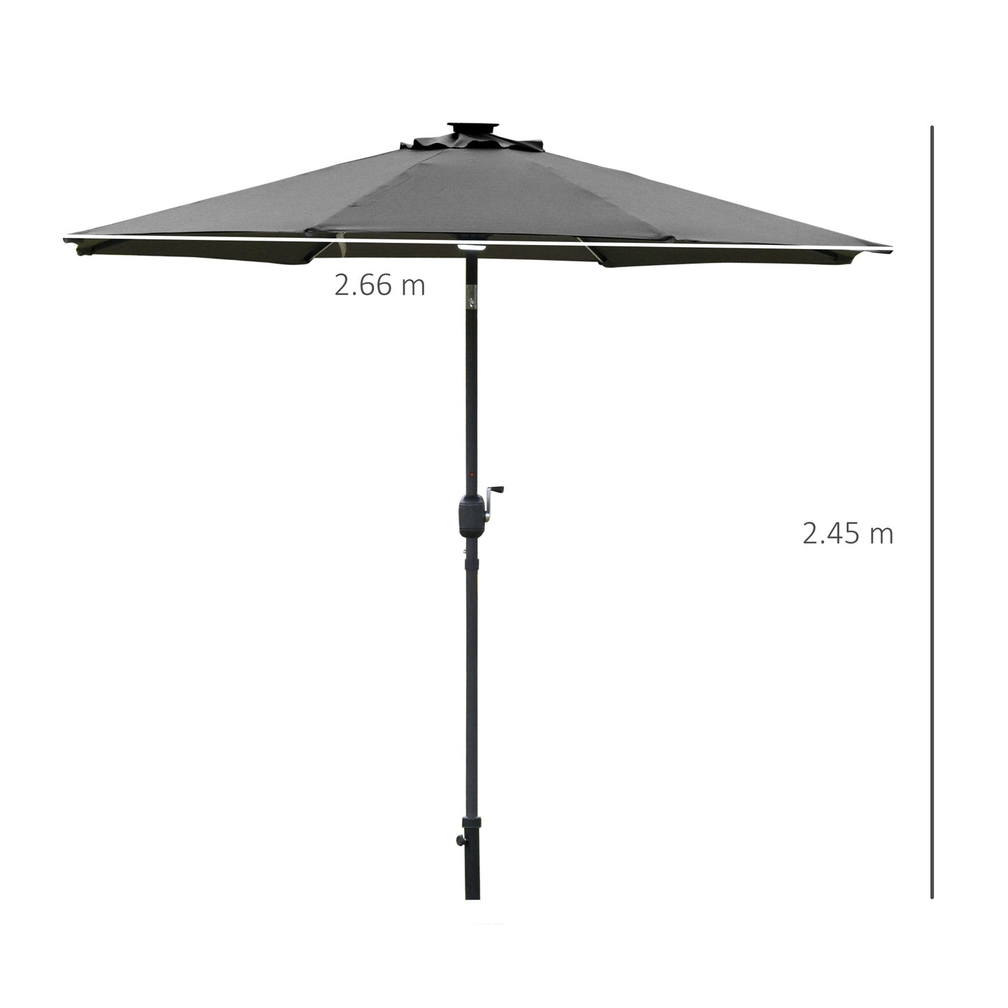 Outsunny 2.7m Garden Parasol Sun Umbrella Patio Summer Shelter w/ LED Solar Light, Angled Canopy Vent, Crank Tilt, Grey Light