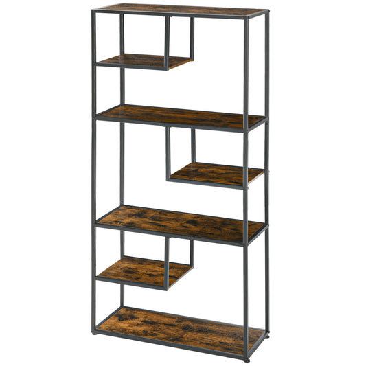 HOMCOM Industrial Bookcase Shelf 7 Tier Metal Shelving Storage Shelves for Living Room Home Office Bedroom Rustic Brown
