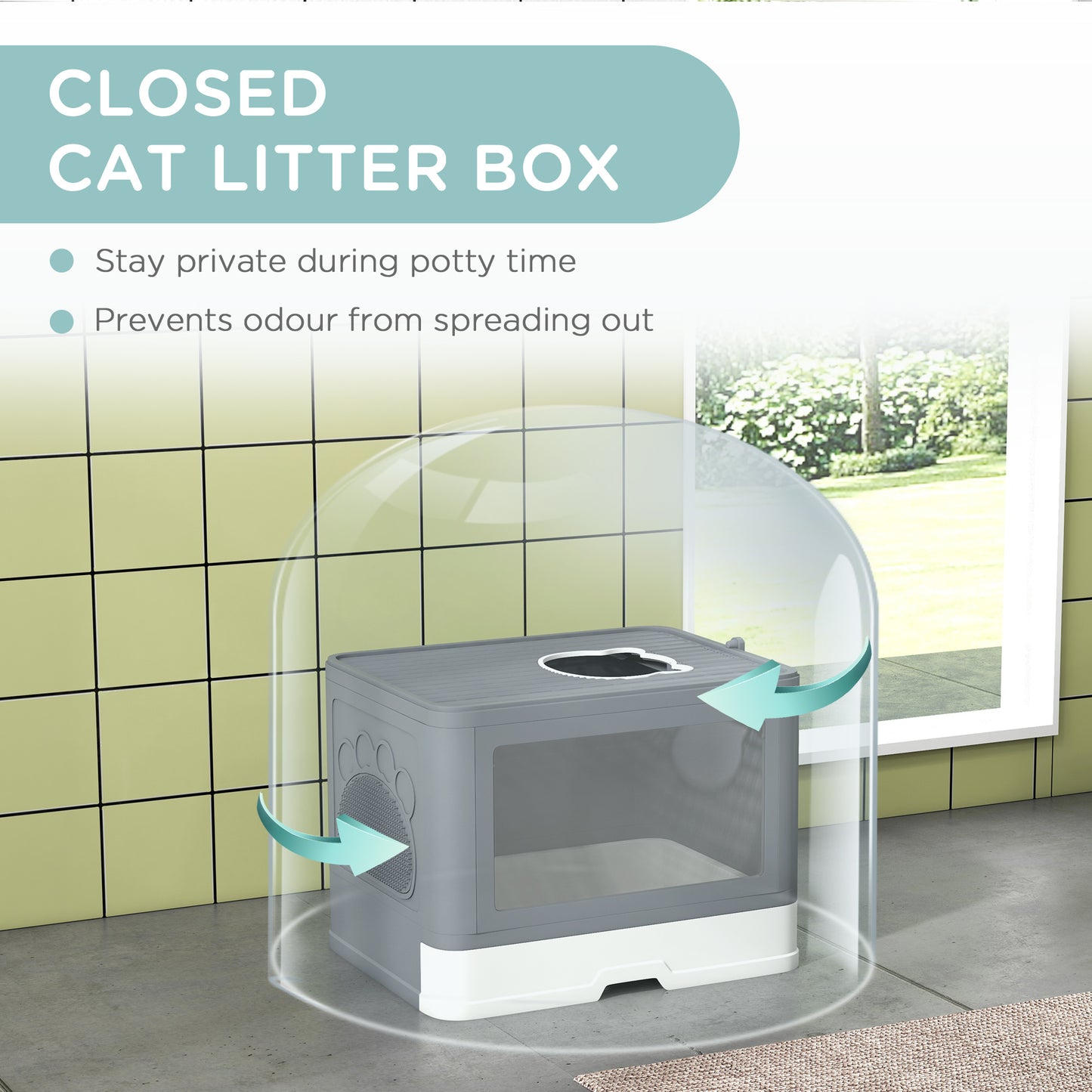 PawHut Cat Litter Box Enclosed with Lid Front Entry Top Exit Drawer Tray Scoop Brush 48.5 x 38 x 36.5cm Grey
