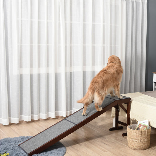 PawHut Pet Ramp for Dogs Non-slip Carpet Top Platform Pine Wood 188 x 40.5 x 63.5, Brown, Grey