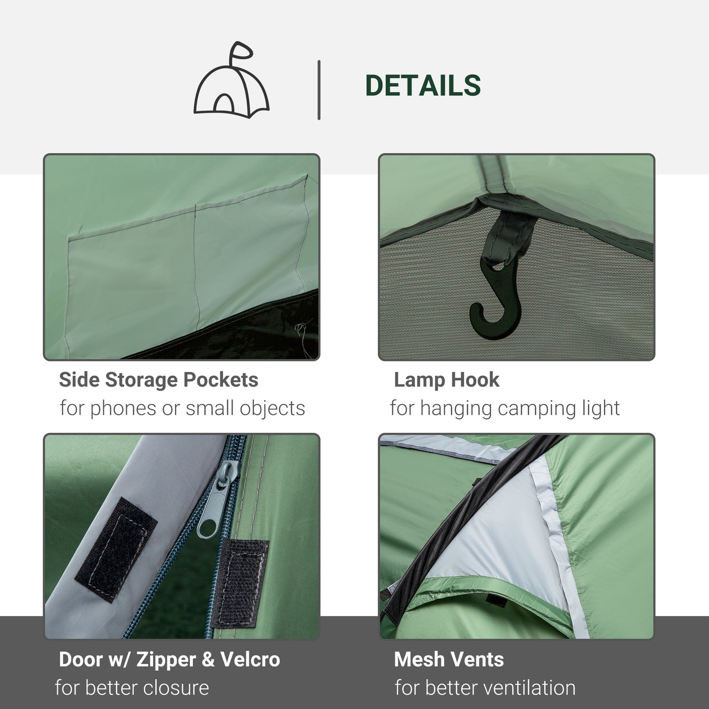 Outsunny Tunnel Tent, 2-3 Person Camping Tent with Sewn-in Groundsheet, Air Vents, Rainfly, 2000mm Water Column, Green