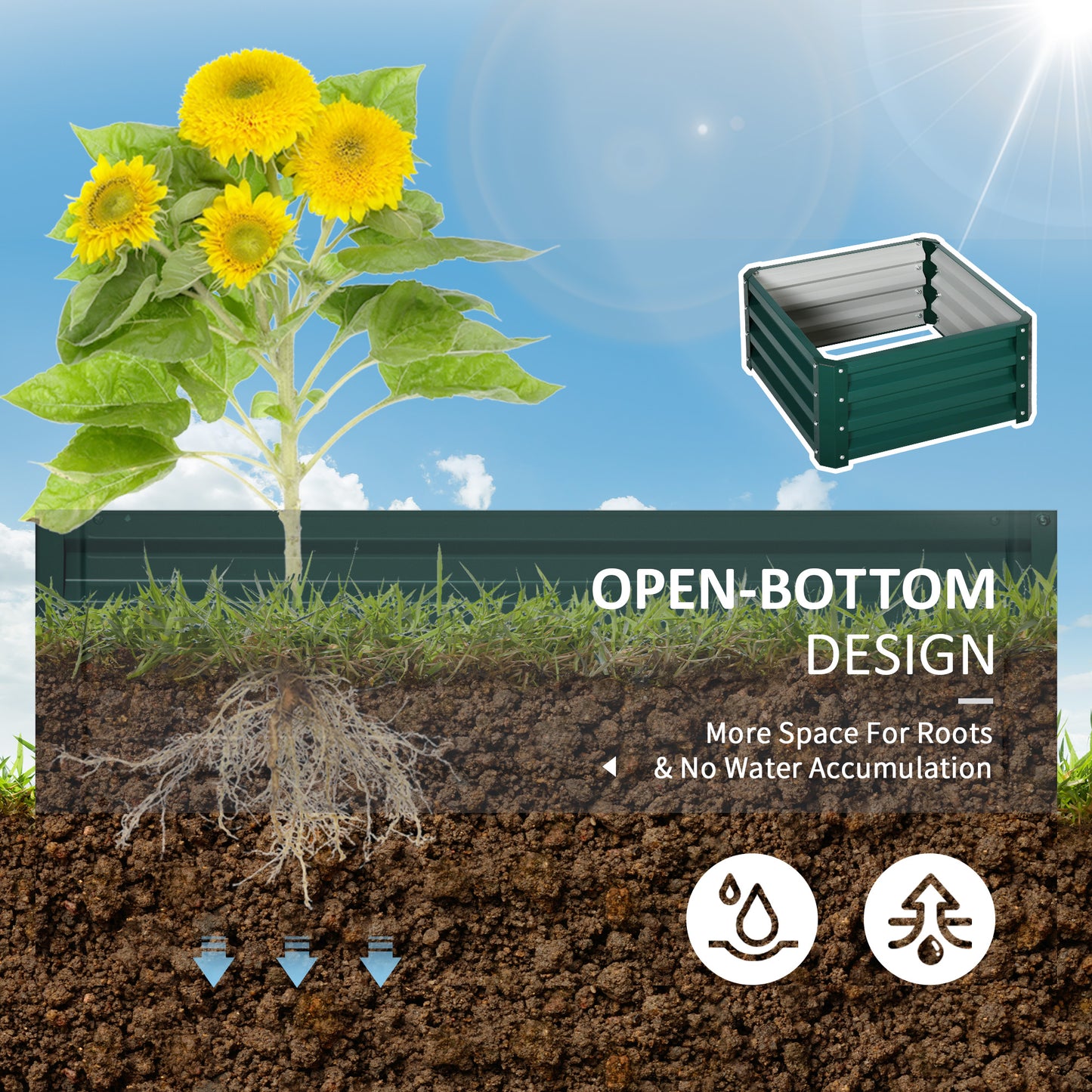Outsunny Set of 2 Raised Garden Bed Outdoor Elevated Galvanised Planter Box for Flowers Herbs 60x60x30.5cm Green