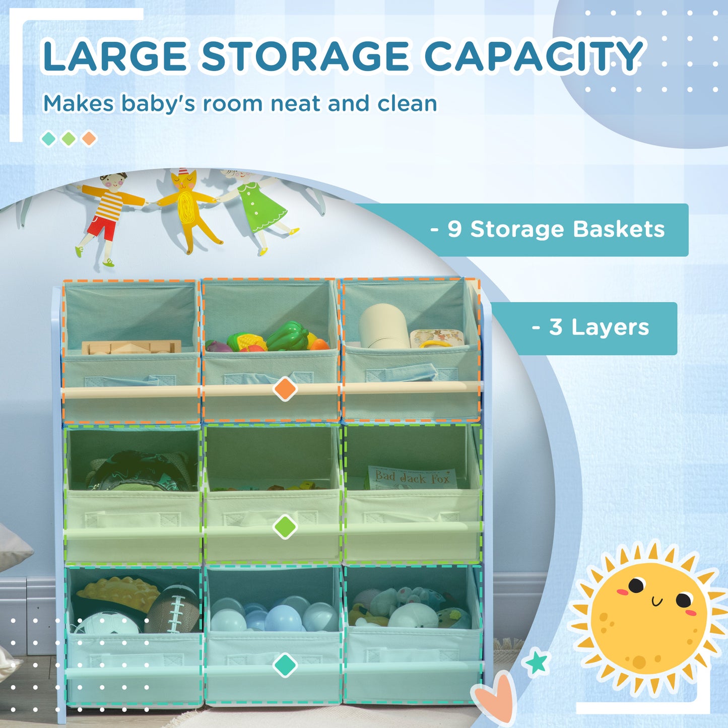 ZONEKIZ Kids Storage Unit with 9 Removable Storage Baskets, Toy Box Organiser with Shelf, Book Shelf for Nursery Playroom, Blue