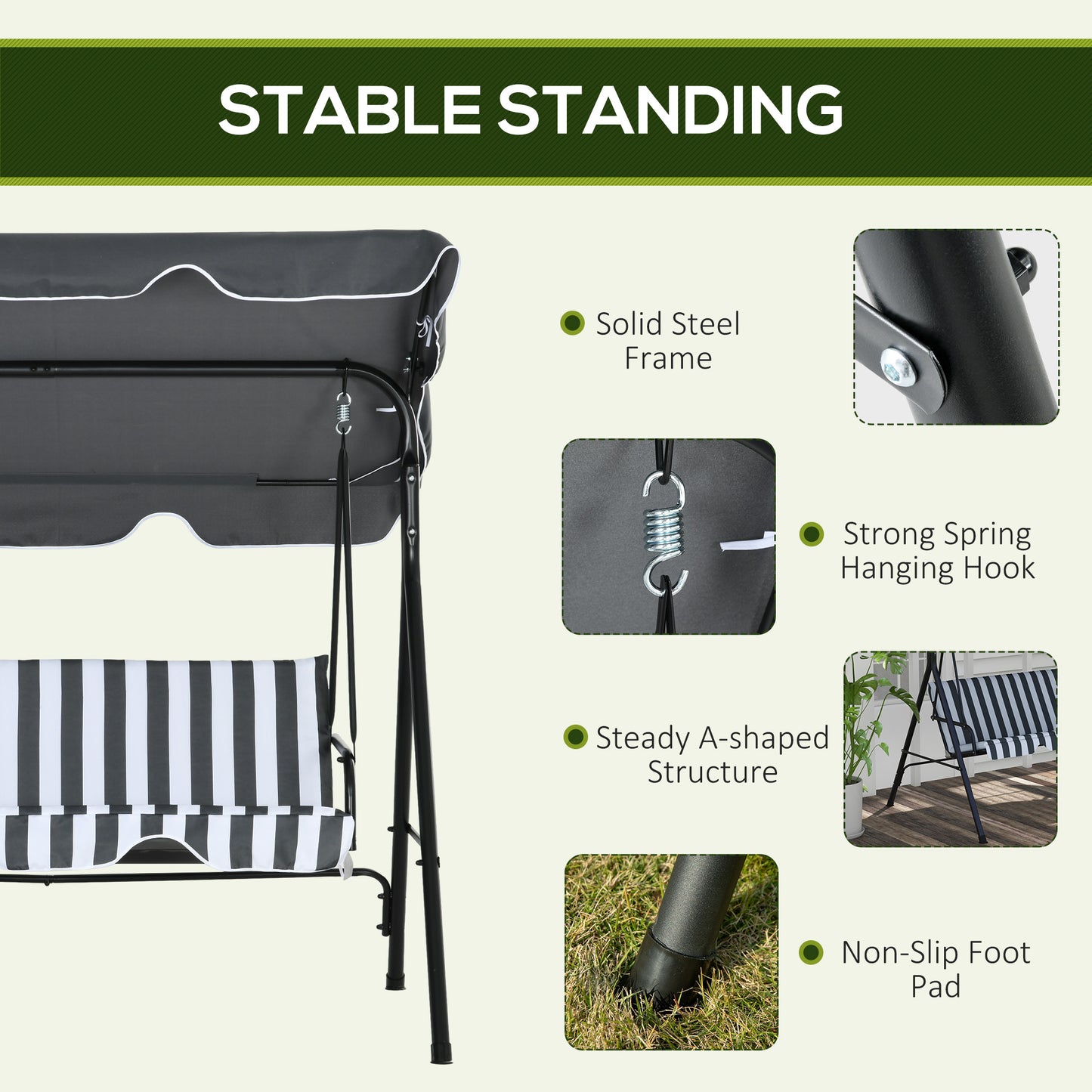 Outsunny 3-Seat Swing Chair Garden Swing Seat with Adjustable Canopy for Patio, Grey and White