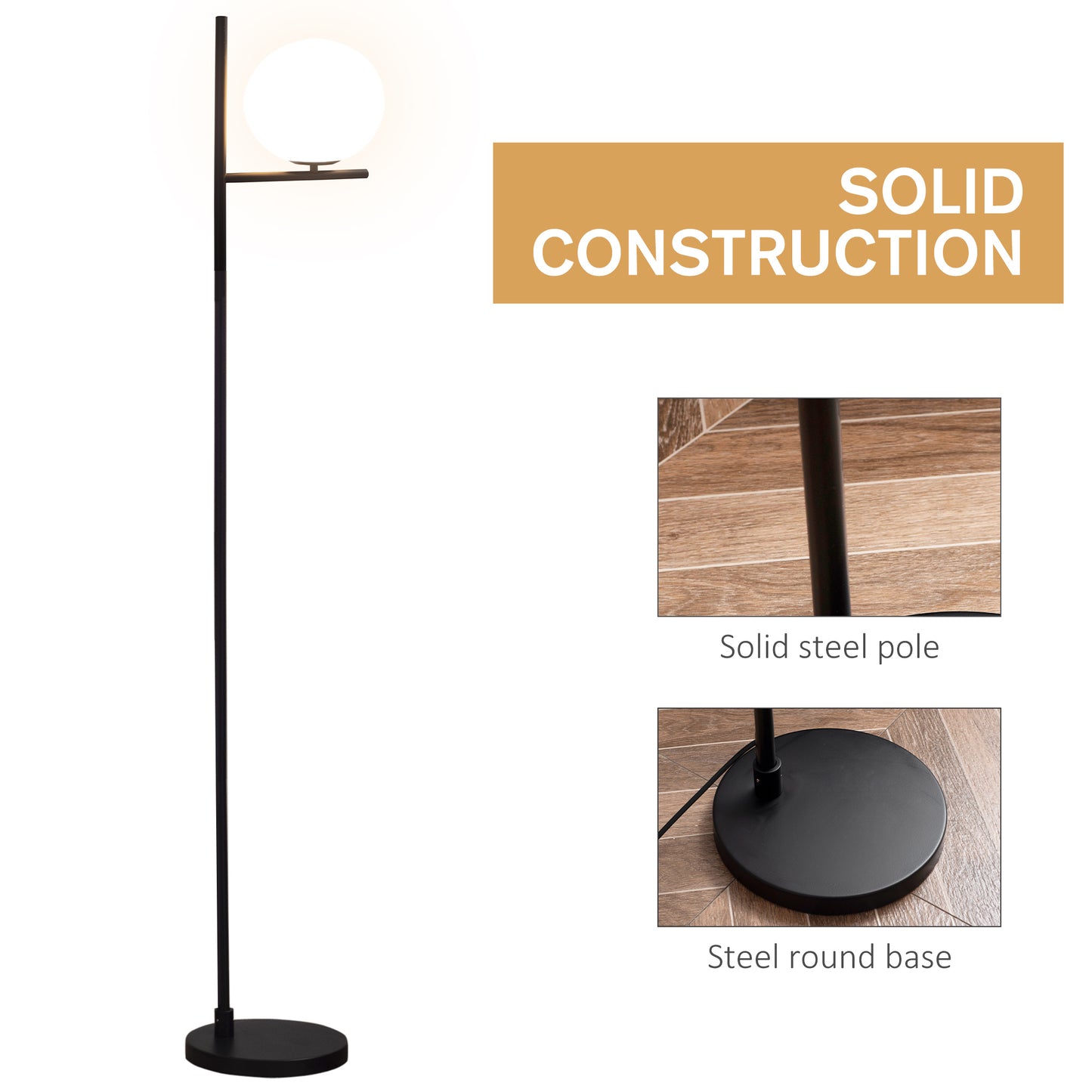 HOMCOM Modern Floor Lamp Metal Frame Sphere Light w/ Pedal Switch Unique Standing Beautiful Furnishing for Home Office Living Room, Black Reading Land