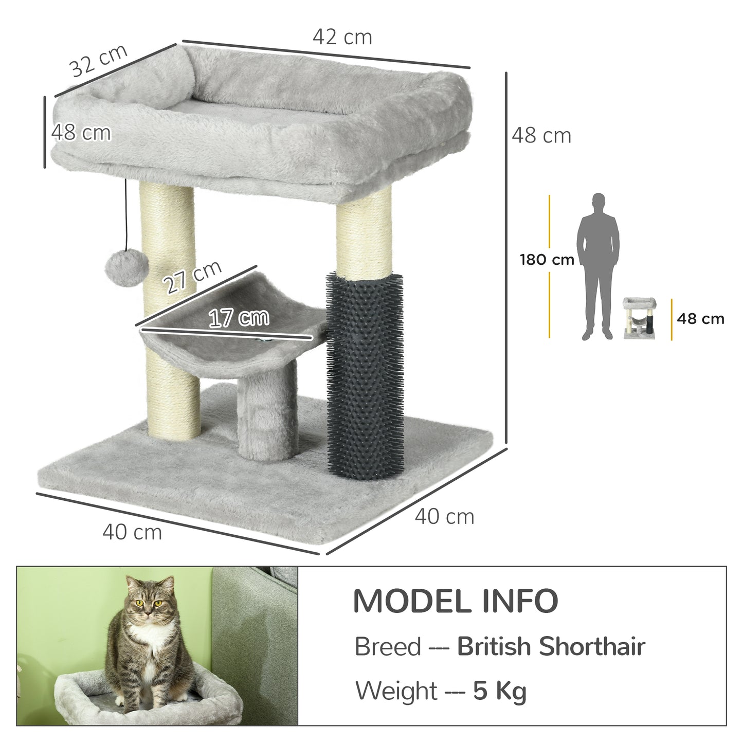 PawHut 48cm Cat Tree with Scratching Posts, Bed, Perch, Self Groomer, Toy - Grey