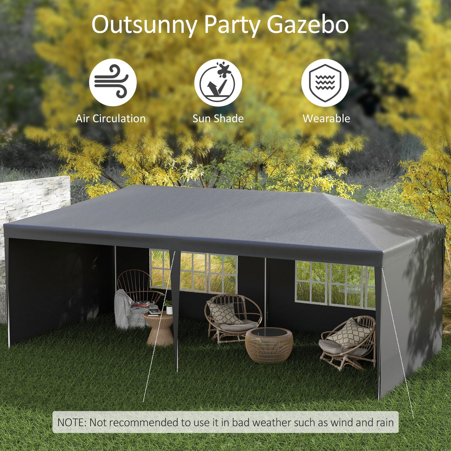 Outsunny 6 x 3m Half-Open Garden Gazebo, with Windows - Dark Grey