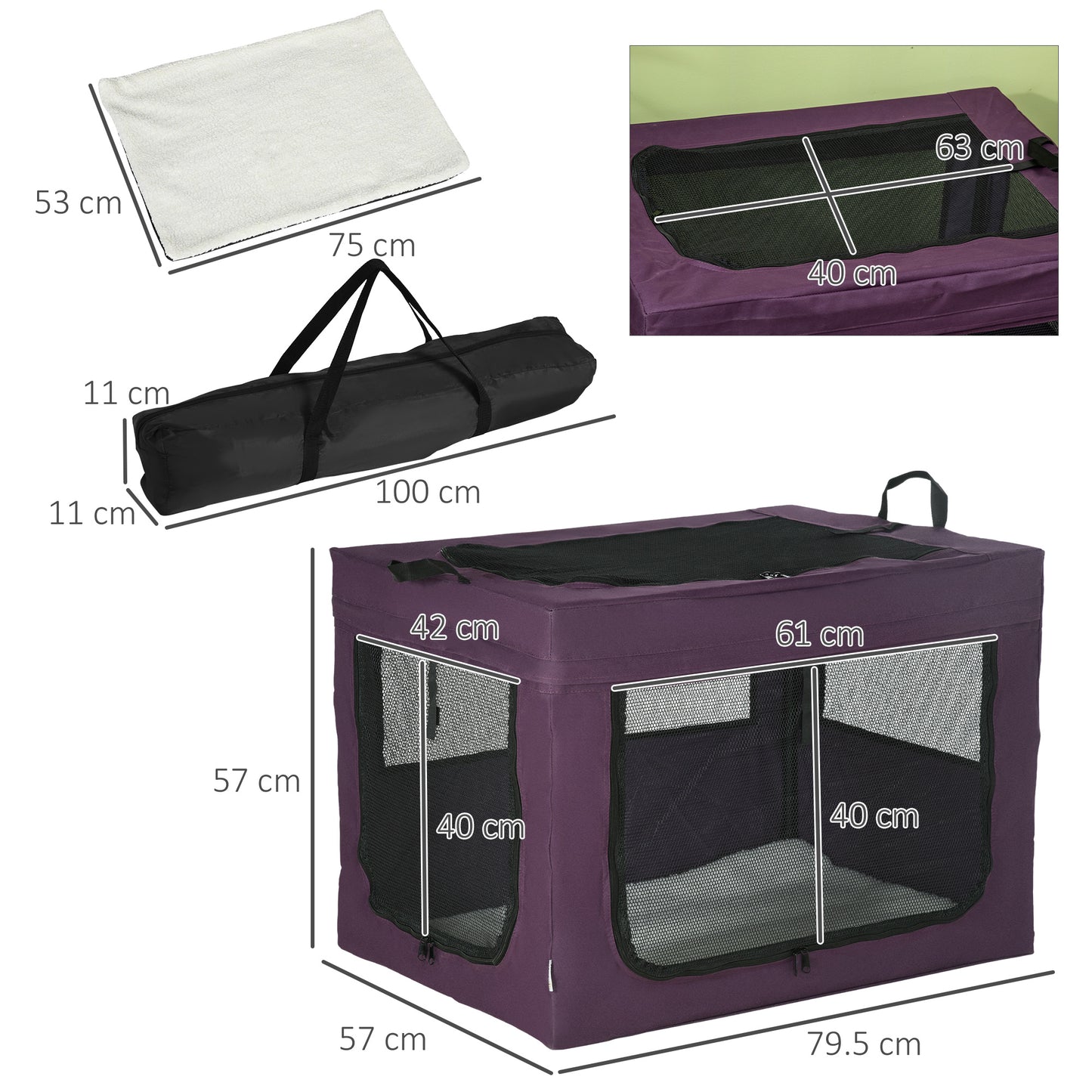 PawHut Pet Carrier, Portable Cat Carrier, Foldable Dog Bag for Small and Medium Dogs, 79.5 x 57 x 57 cm, Purple