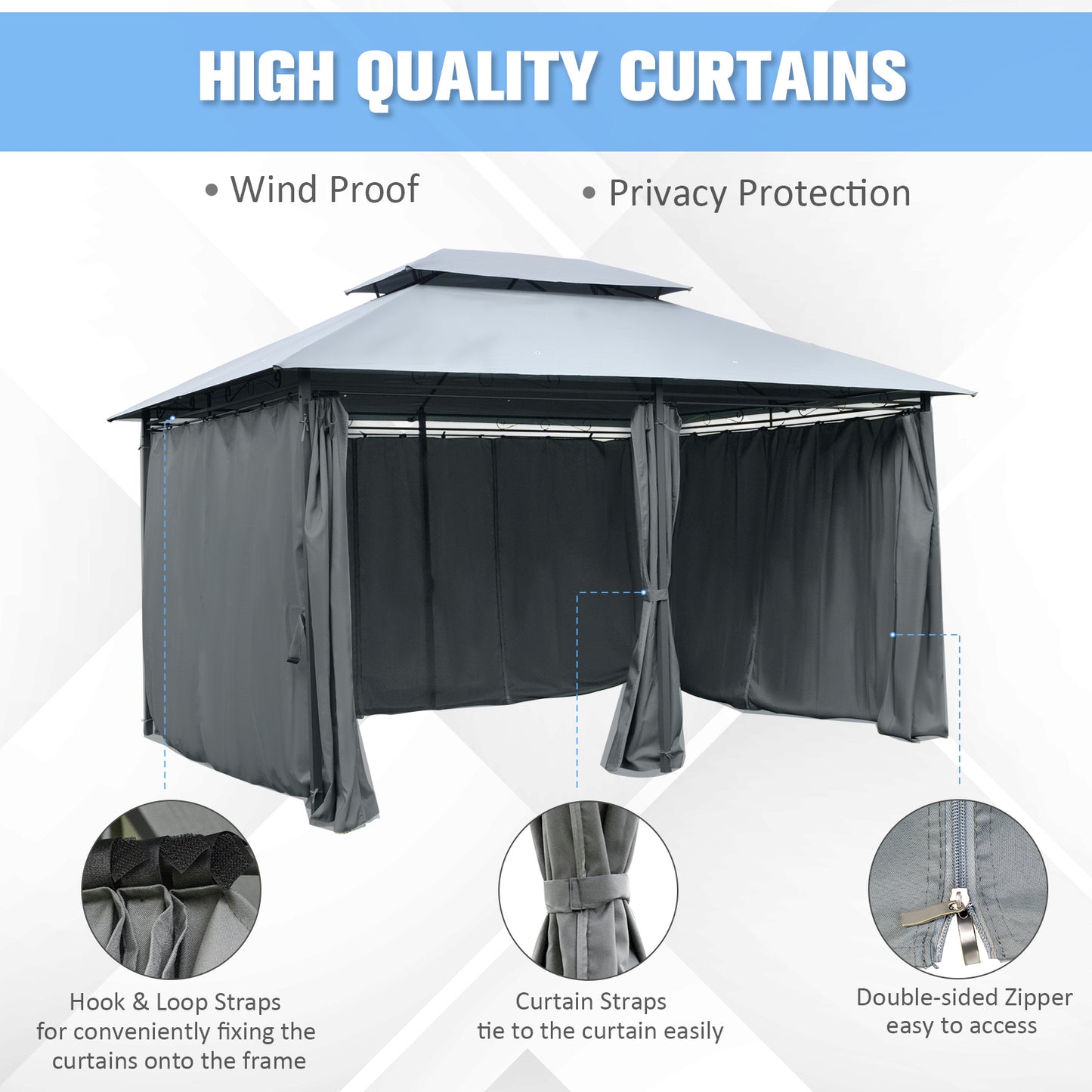 Outsunny 10 x 13ft Outdoor 2-Tier Steel Frame Gazebo with Curtains Outdoor Backyard, Black/Grey 2 Tier Black Grey