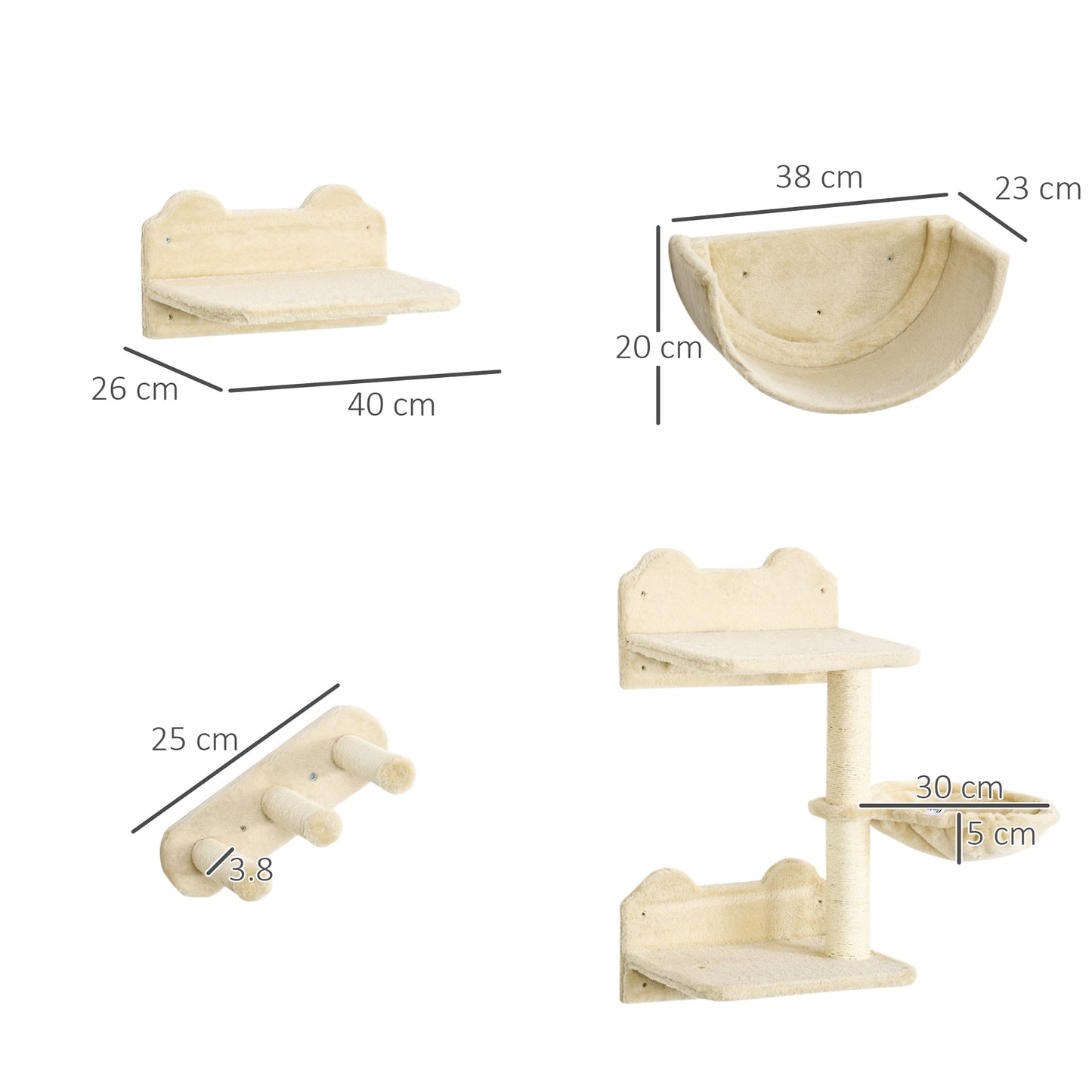 PawHut 4PCs Wall-mounted Cats Shelves, Cat Climbing Shelf Set, Kitten Activity Center, Beige