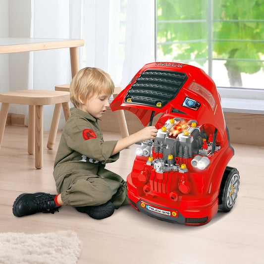 HOMCOM Kids Truck Engine Toy Set, Toddler Educational Car Service Station Playset, Take Apart Workshop, w/ RC Car Key, Steering wheel, Horn, Light, for 3-5 Years Old Red Set Key