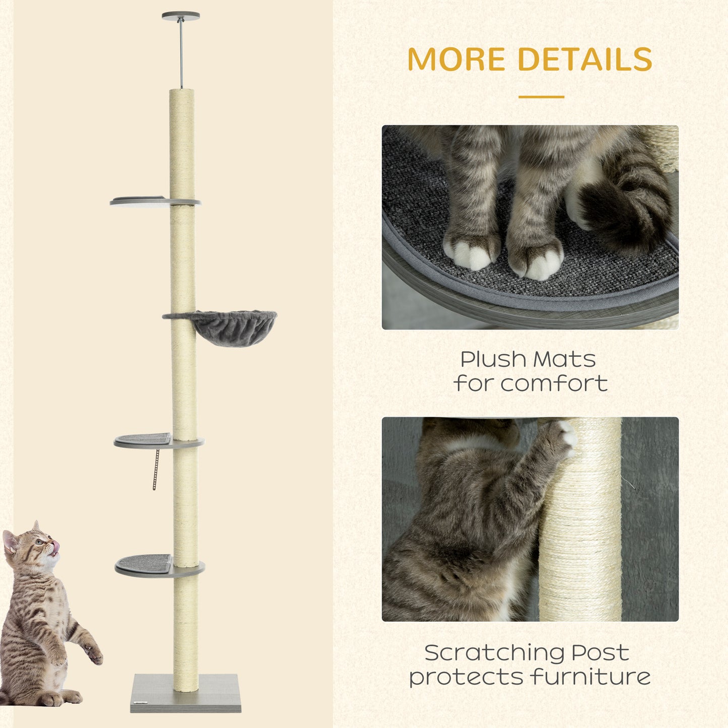 PawHut 250cm Floor to Ceiling Cat Tree with Hammock, Scratching Post