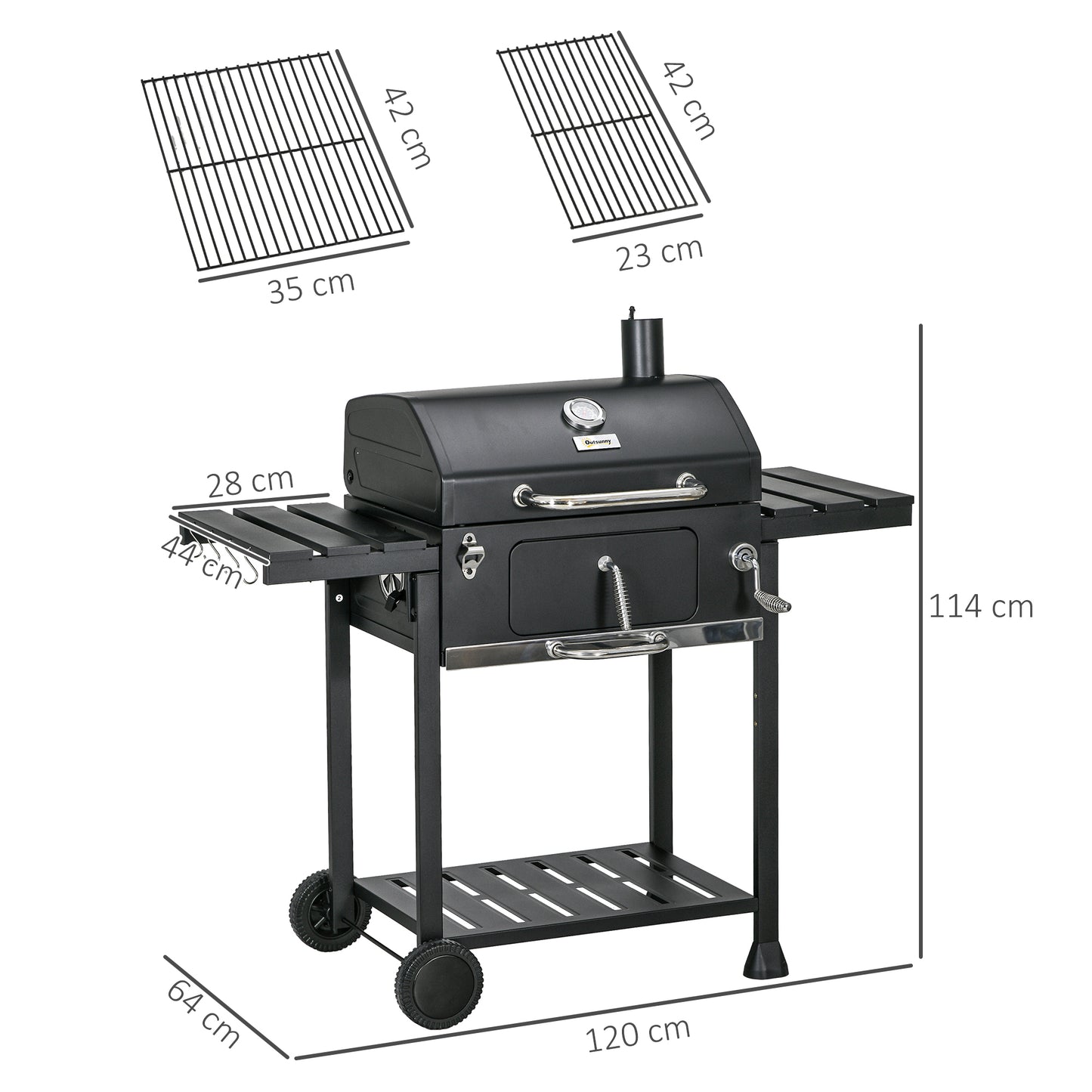 Outsunny Adjustable Charcoal Pan BBQ, with Thermometer and Warming Rack